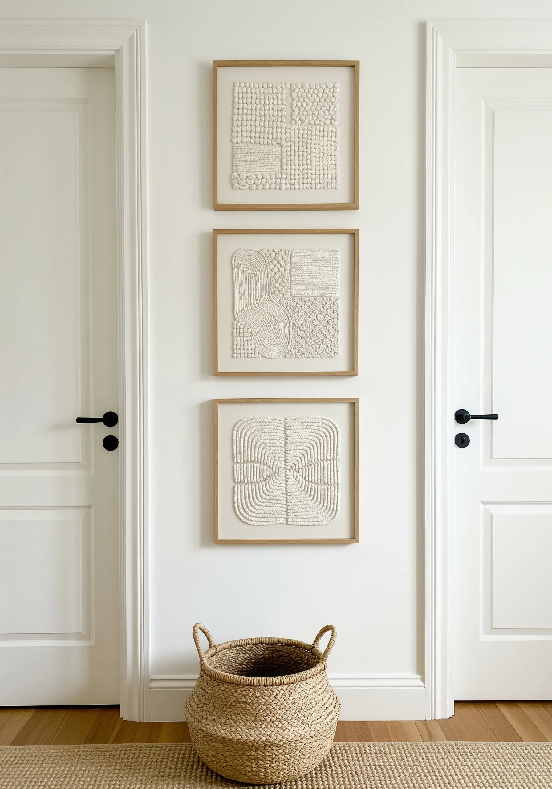 Three framed artworks with white-on-white textural embroidery, exploring different stitch patterns.