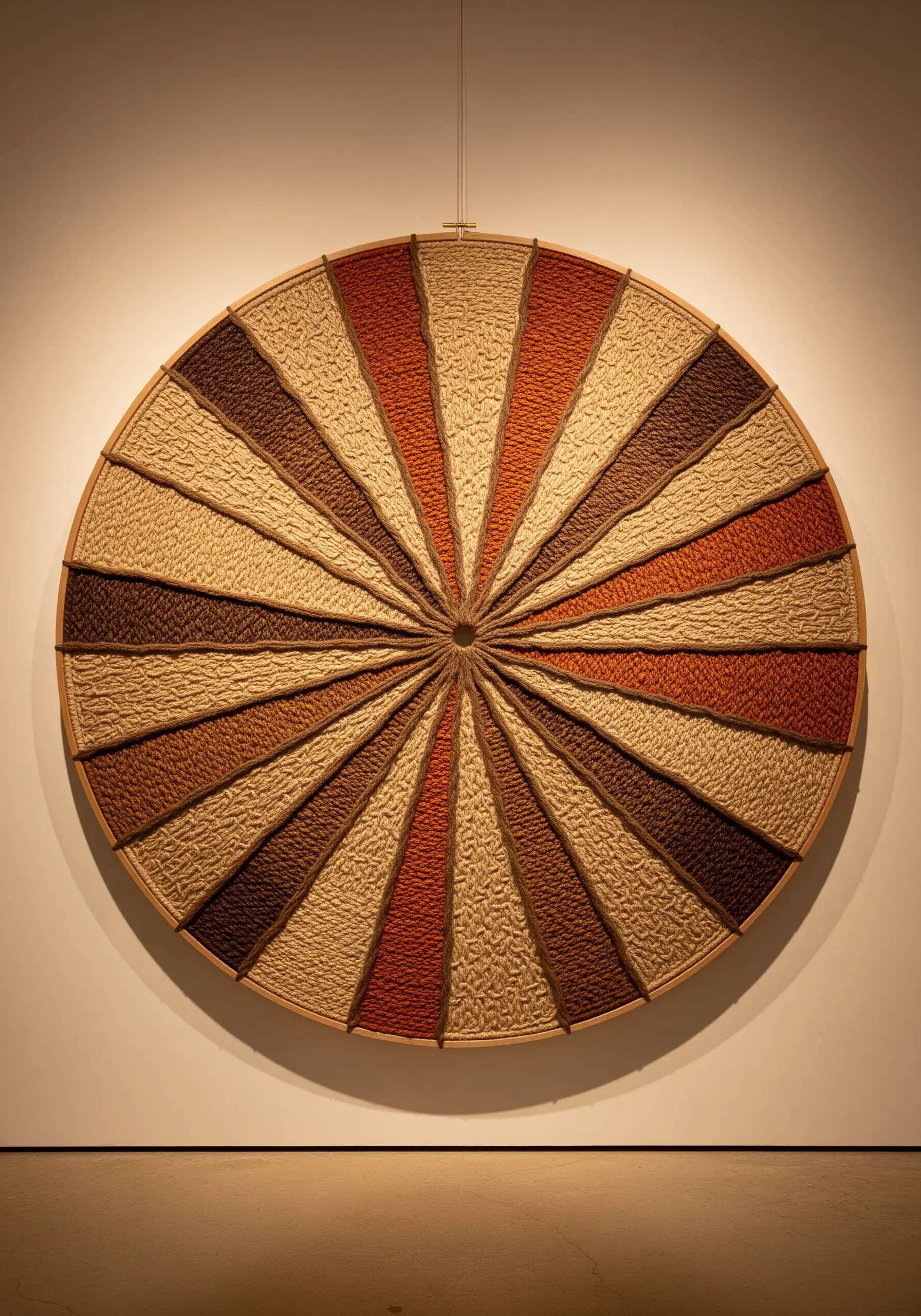 A very large embroidery hoop with radiating segments filled with textured stitches in earth tones.