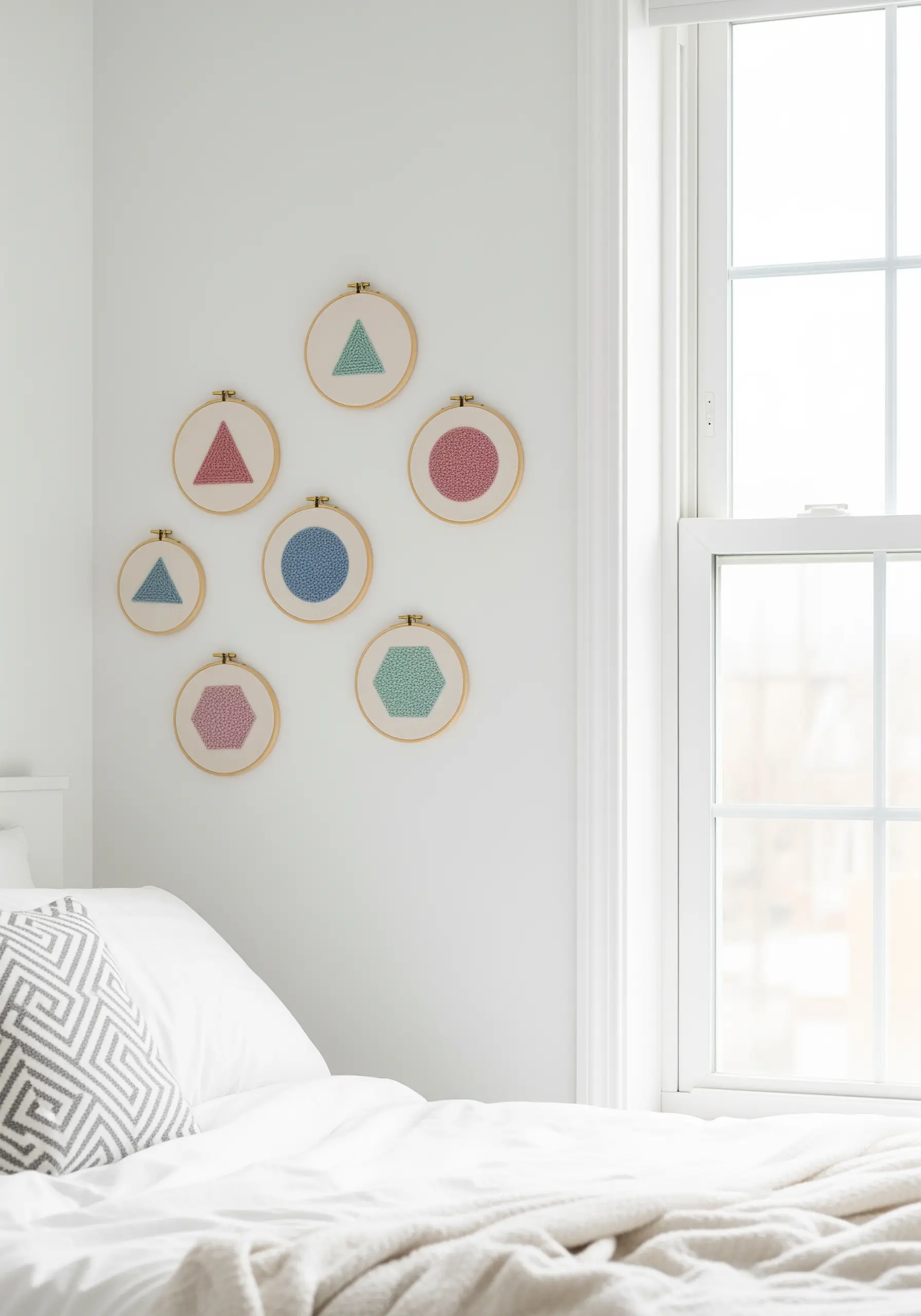 A collection of geometric shapes (circles, triangles) filled with colorful seed stitches.