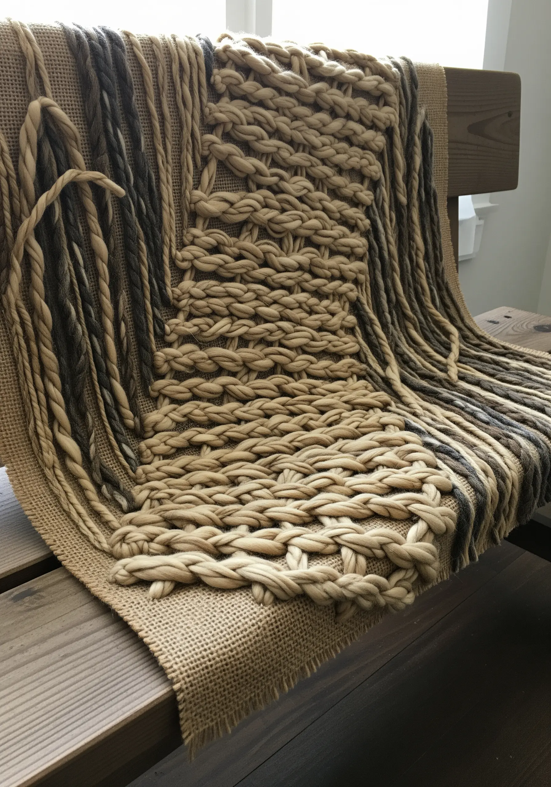 A piece of burlap with chunky, soft yarn woven directly through it in a rustic pattern.