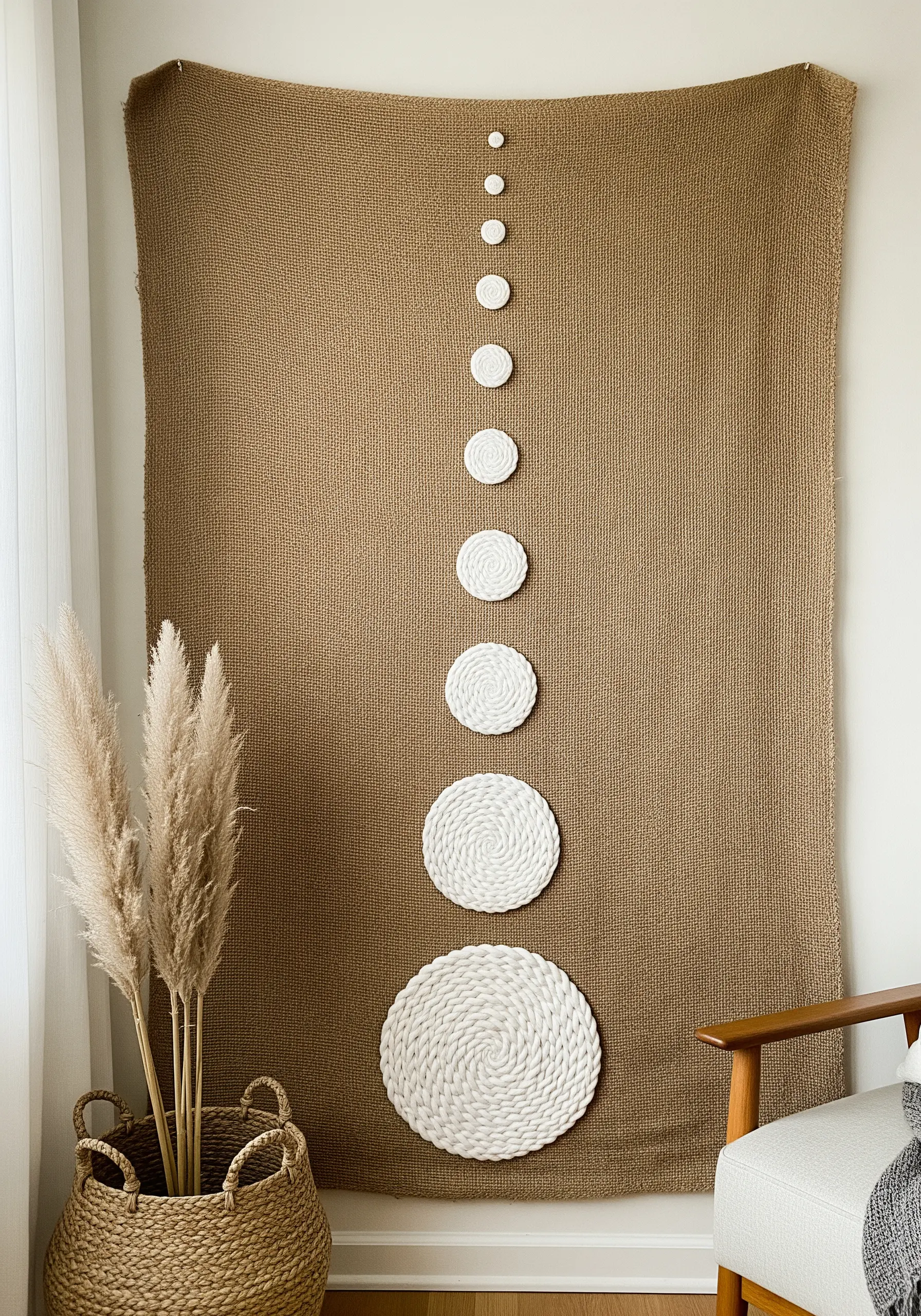 A burlap wall hanging with a vertical line of textured white circular appliqué pieces.