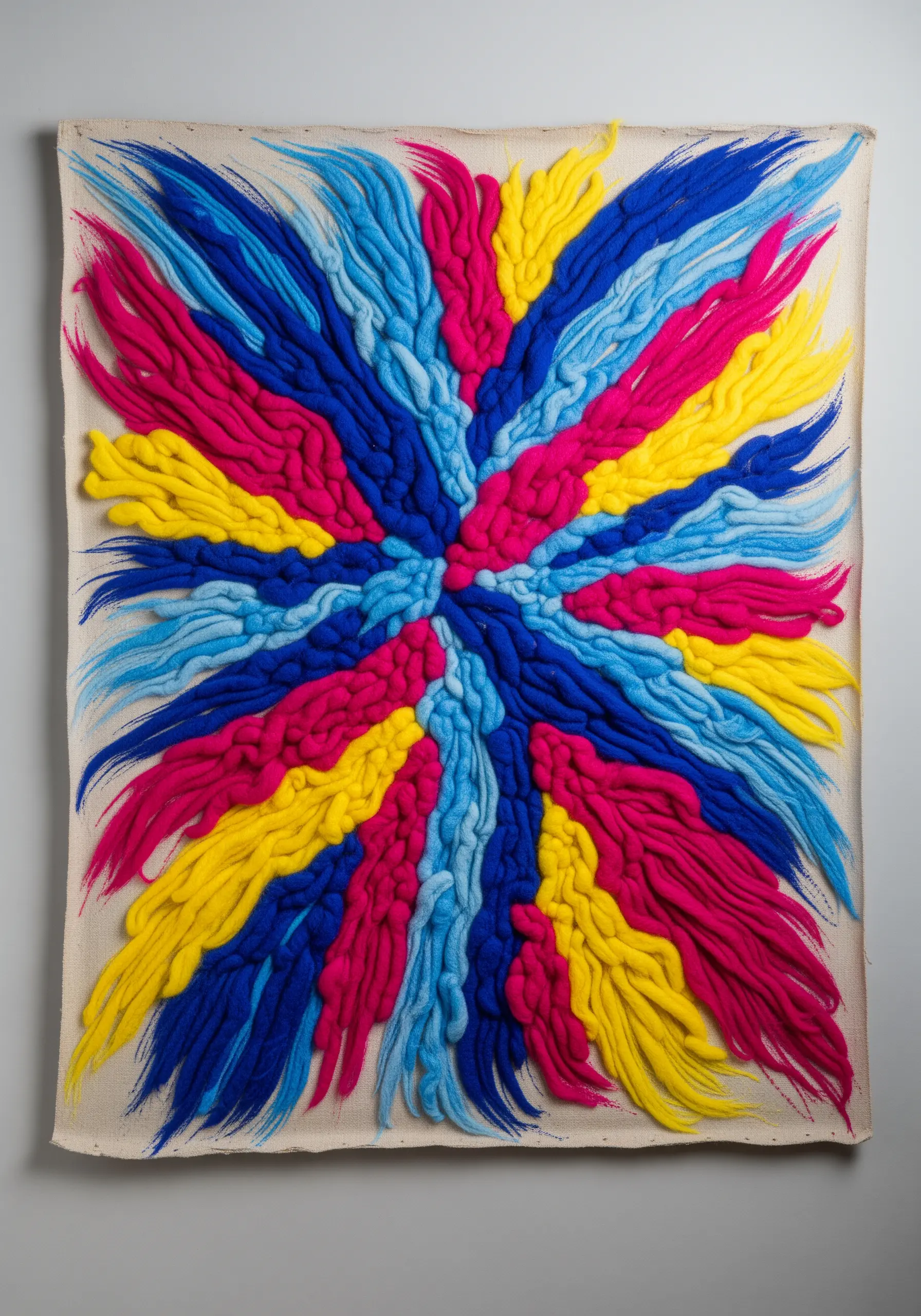A vibrant, abstract wall hanging with a starburst of thick, colorful wool roving.