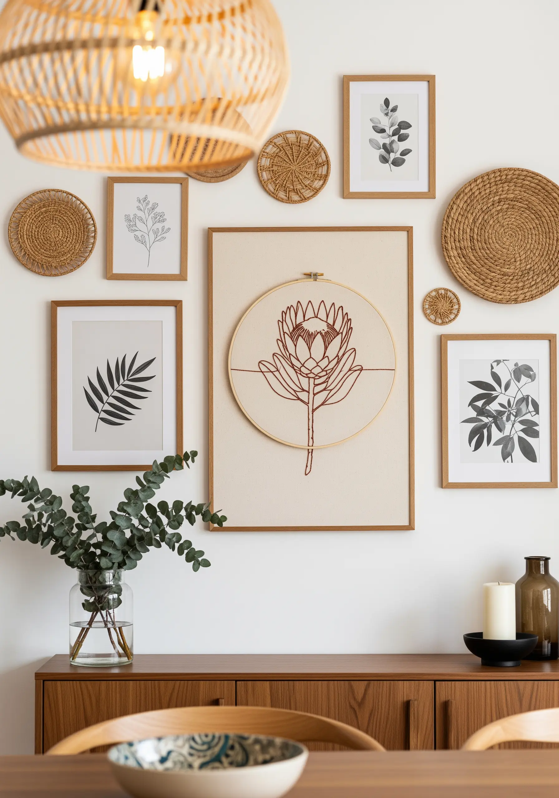Minimalist line art embroidery of a protea flower in a single terracotta color.