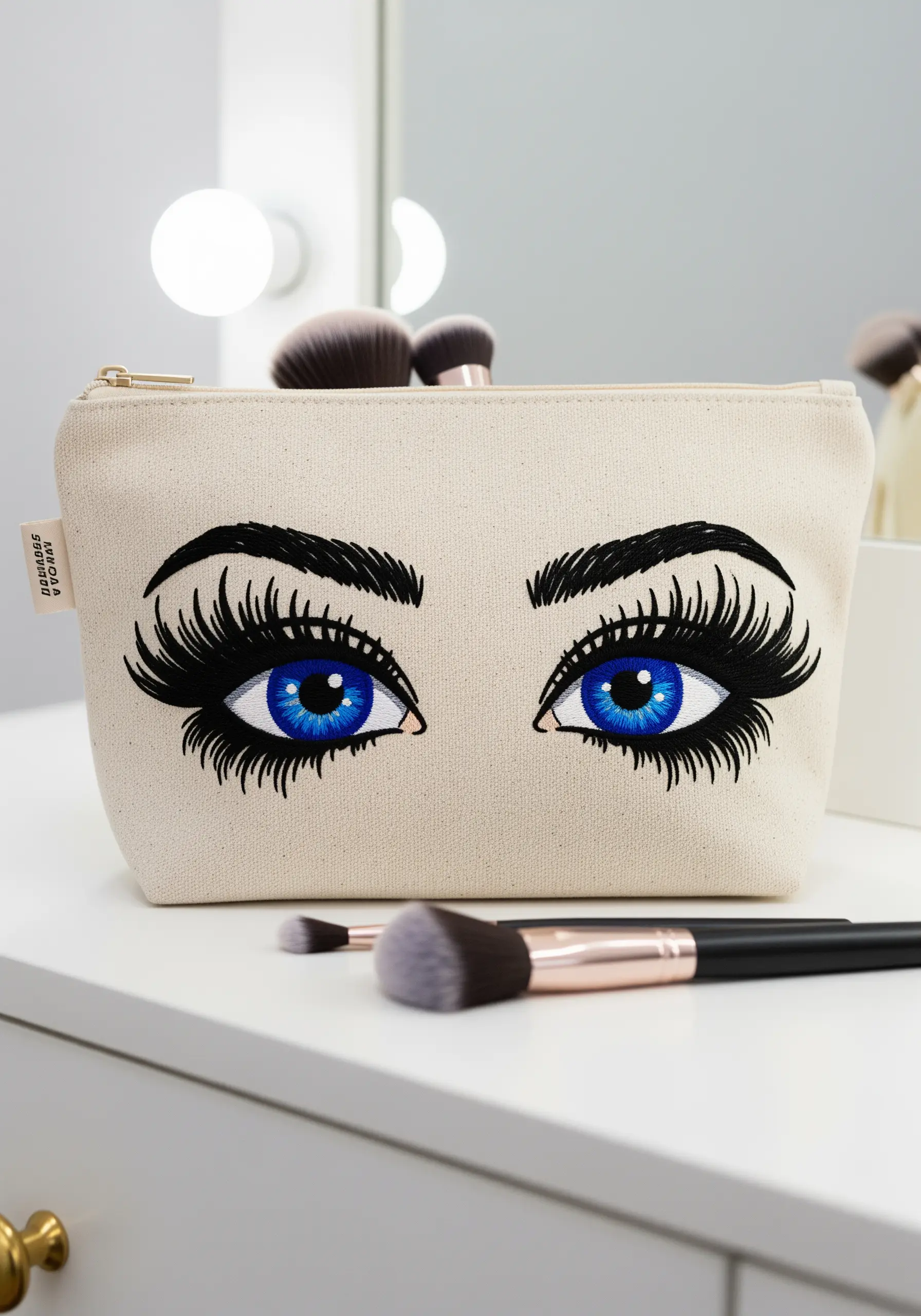 A canvas pouch embroidered with a pair of large, expressive blue eyes with dramatic eyelashes.