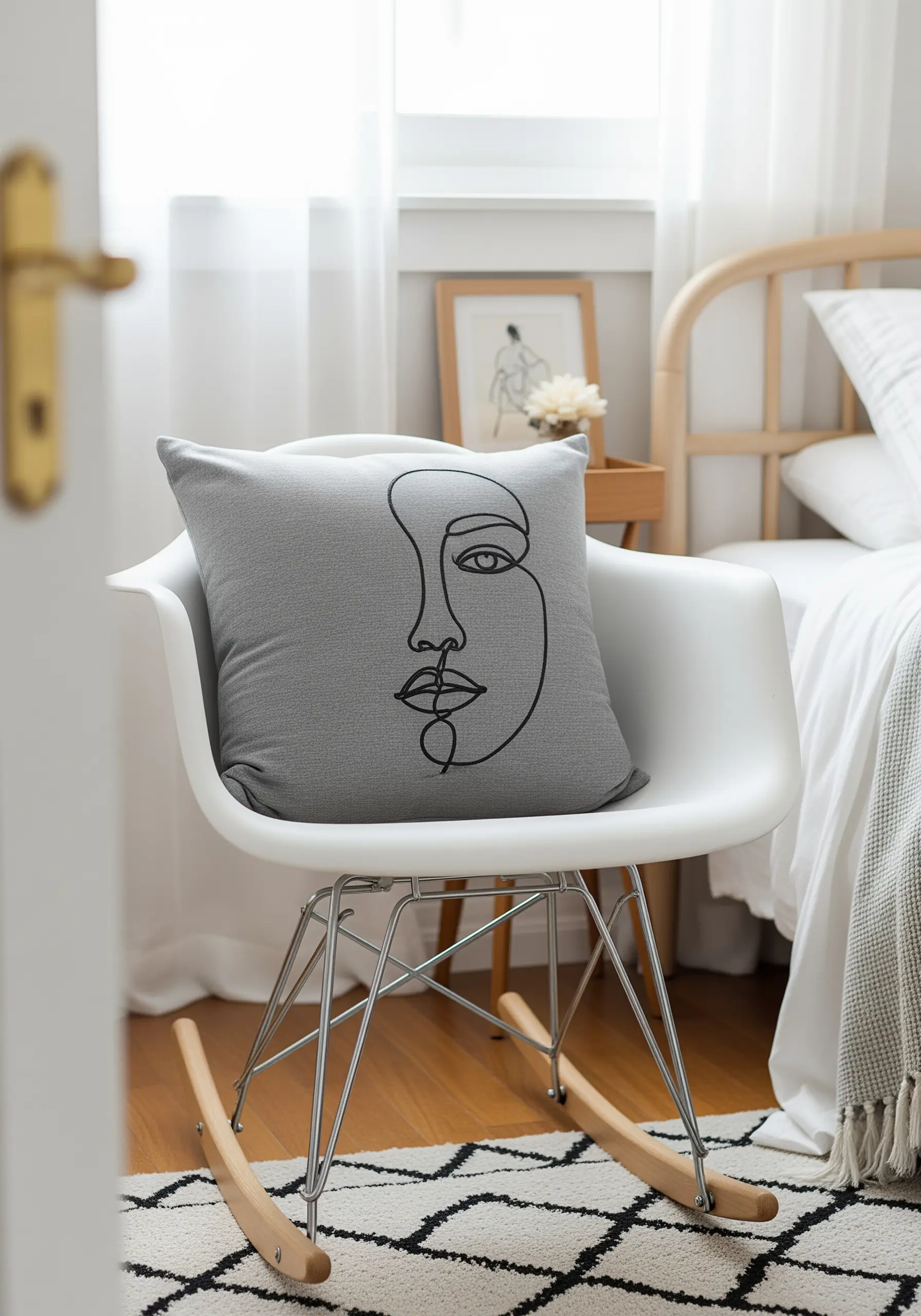A single continuous black line embroidered on a grey pillow, forming an abstract face.