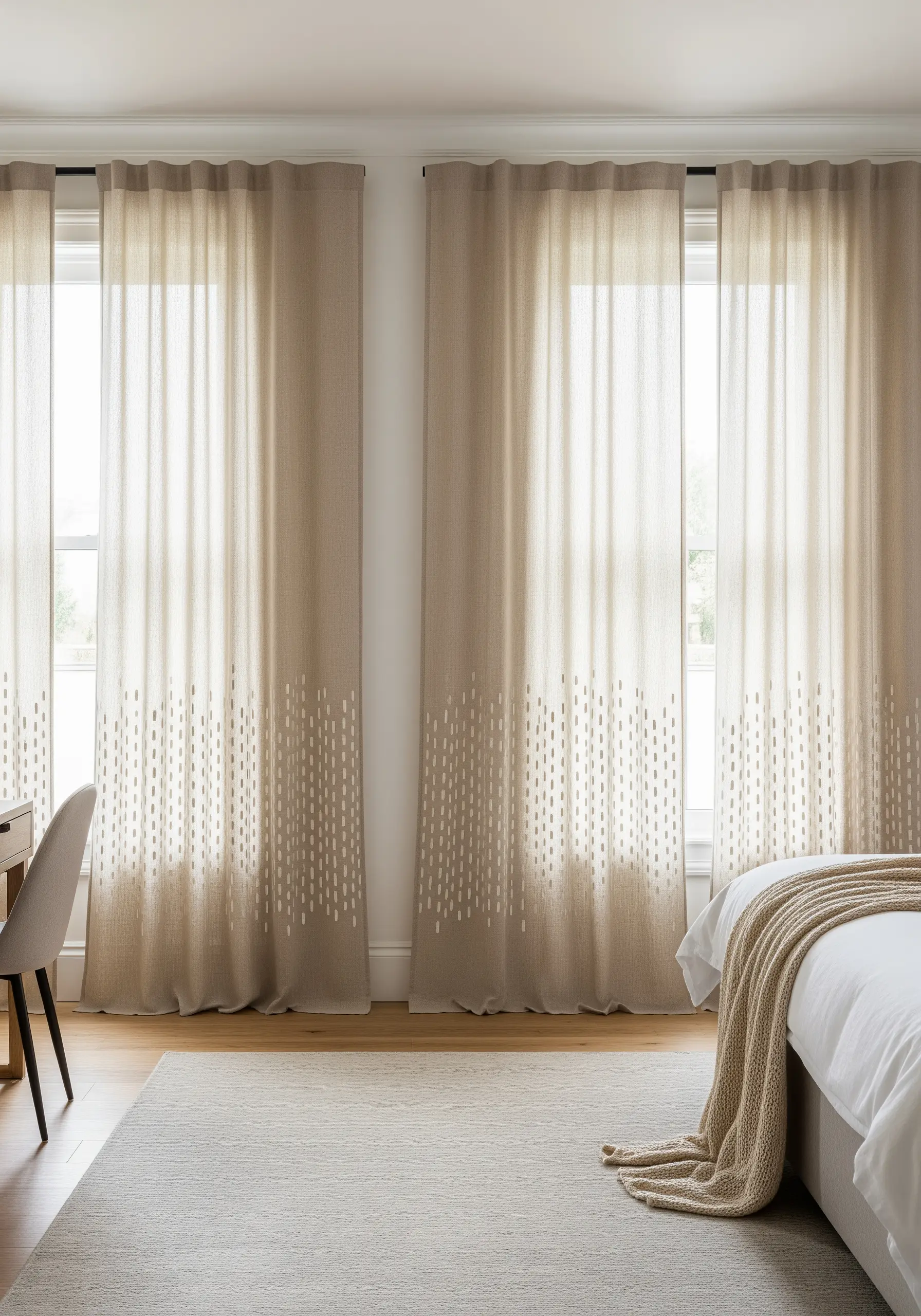 A pattern of vertical white dashes fading up light brown linen curtains.
