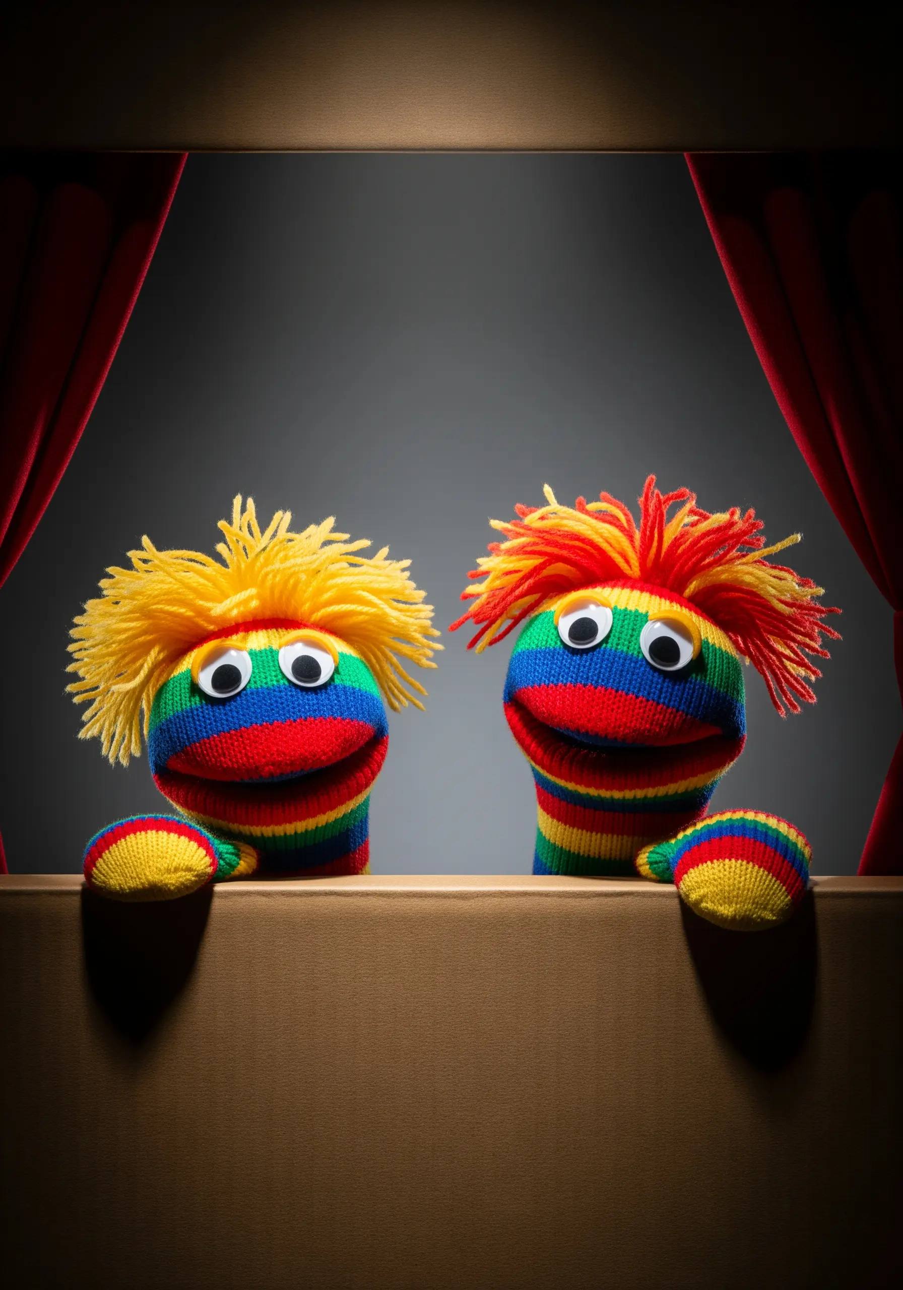 Two colorful striped sock puppets with googly eyes and wild yarn hair performing on a stage.