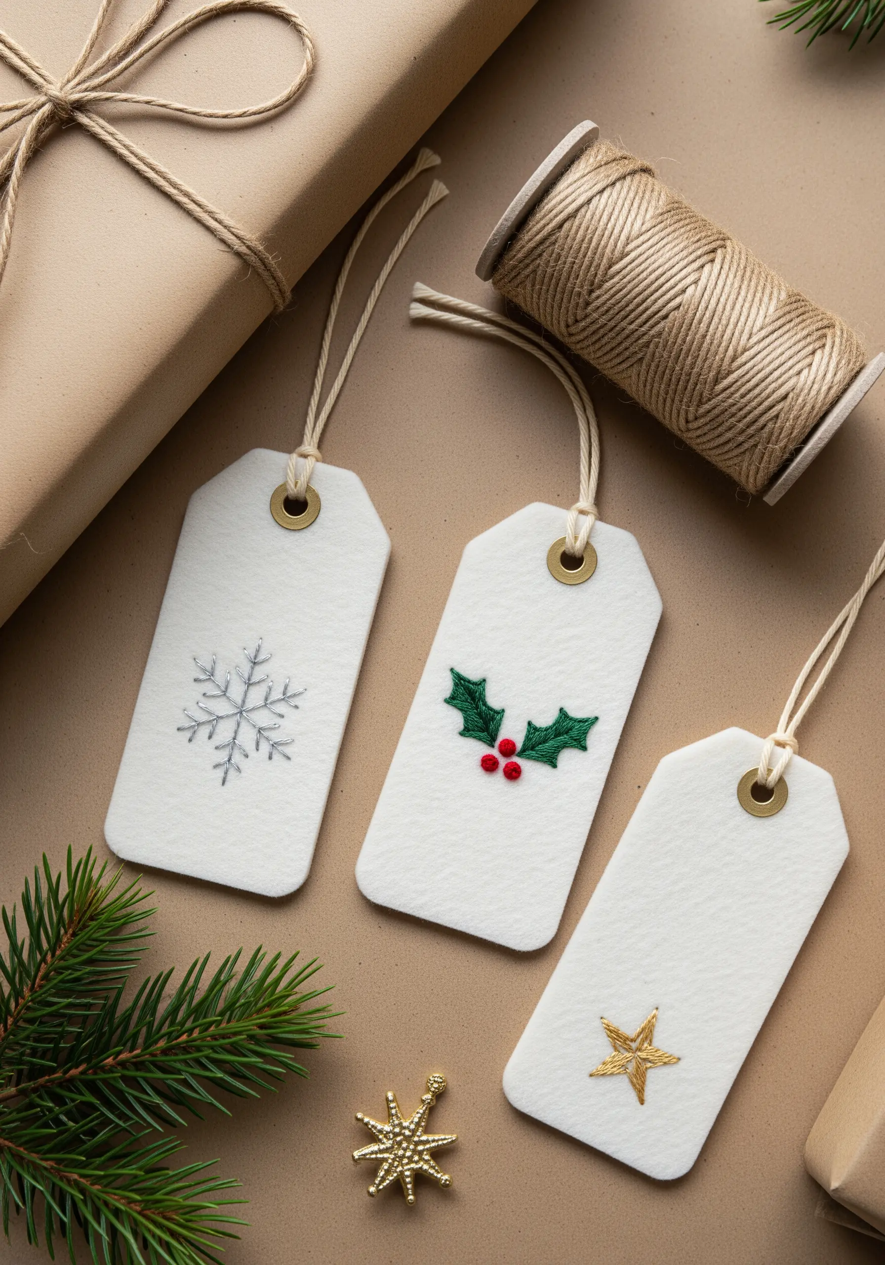 Three white felt gift tags with embroidered holiday motifs: a snowflake, holly, and a star.