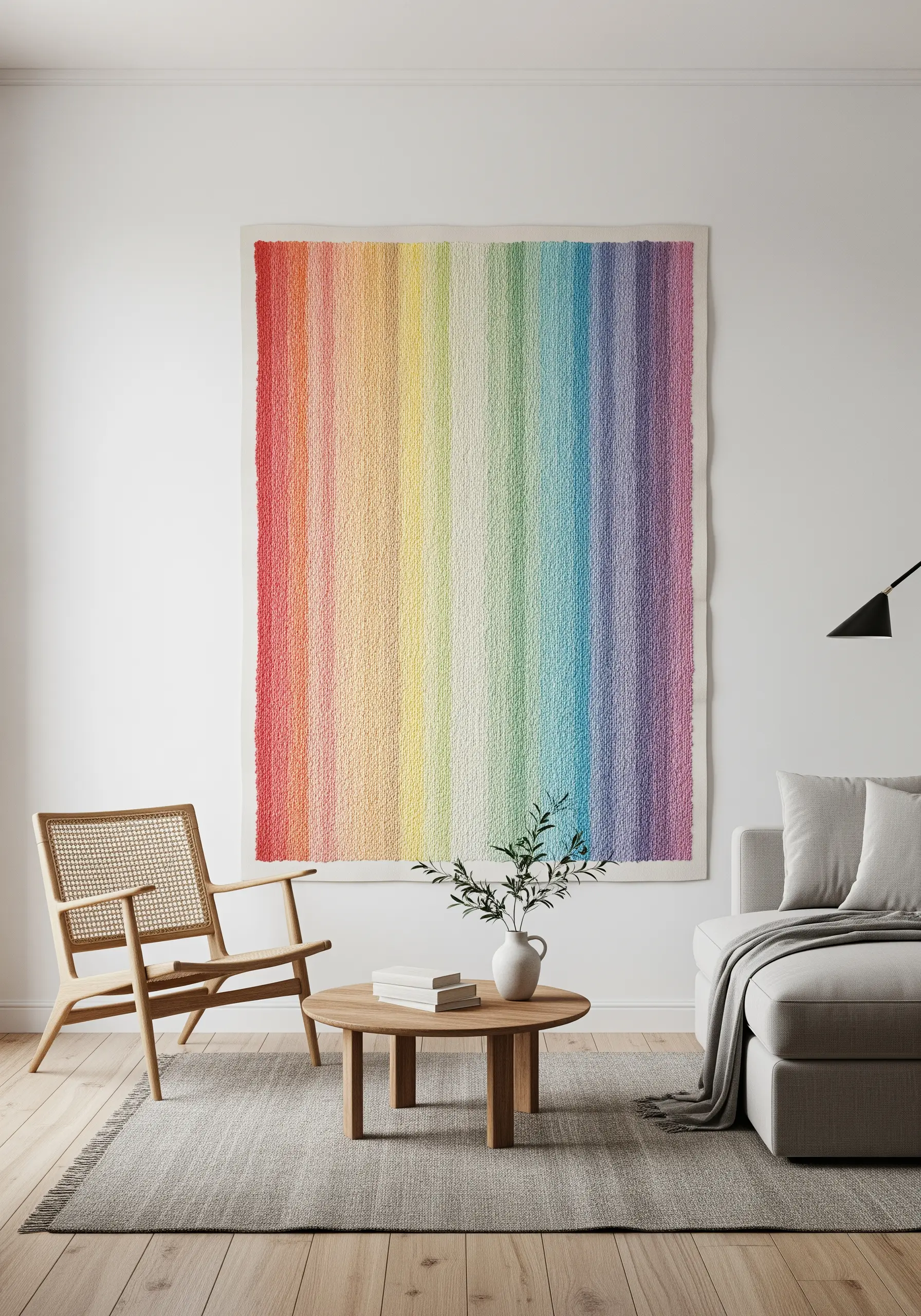 A large, textured wall hanging with a vertical rainbow gradient fills the wall in a living room.