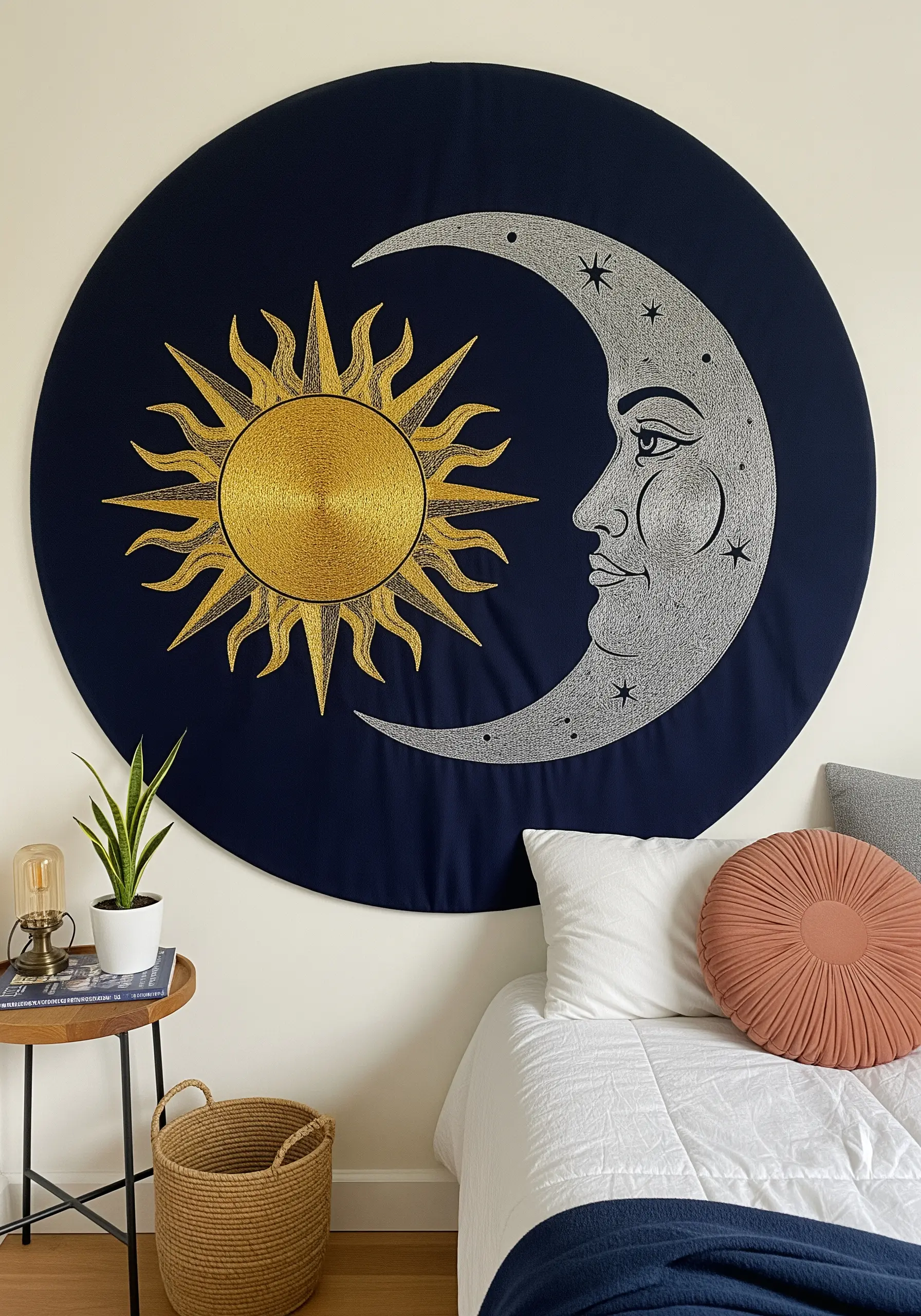 A large circular wall hanging with a couched gold sun and a silver satin-stitched moon.