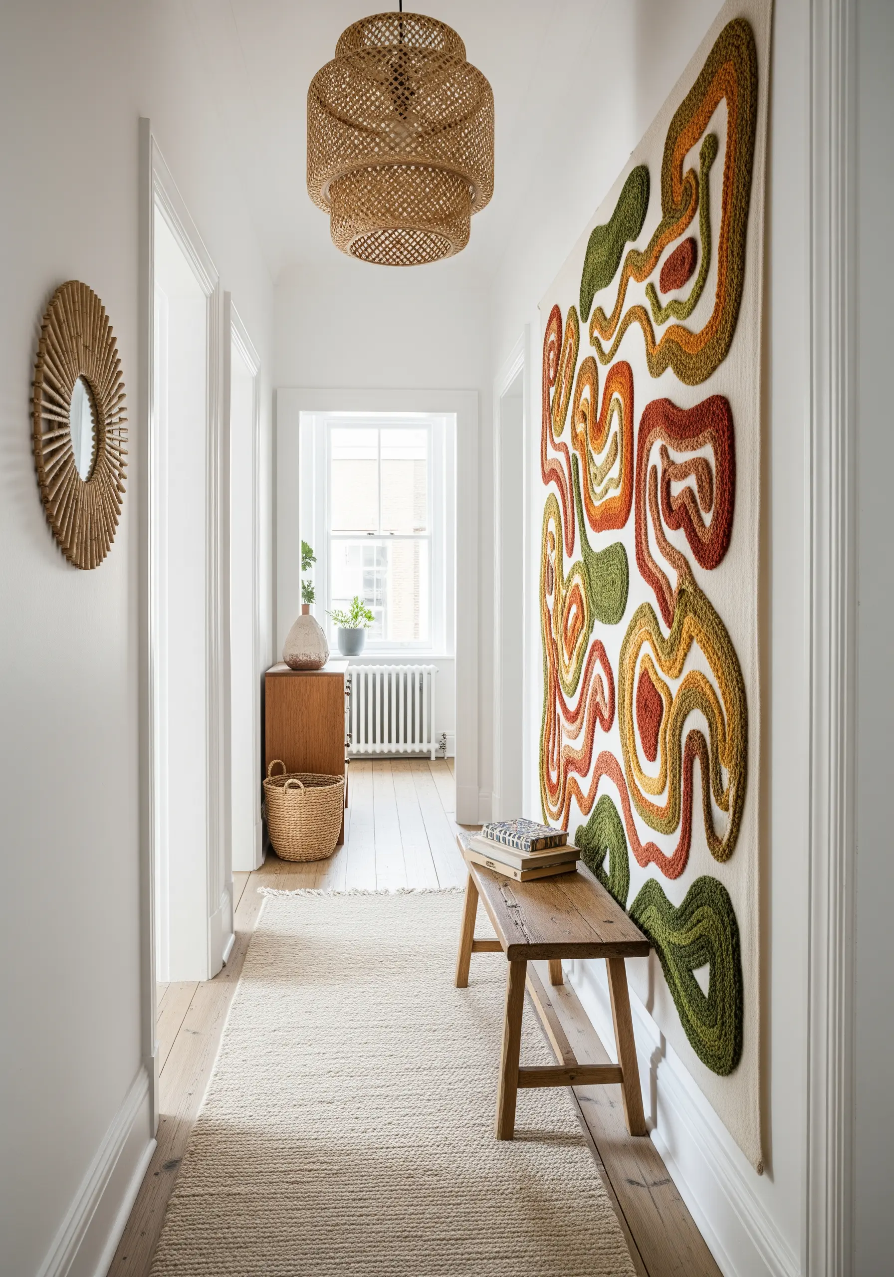 A large, textured wall hanging with abstract, flowing shapes in earthy greens, oranges, and reds.