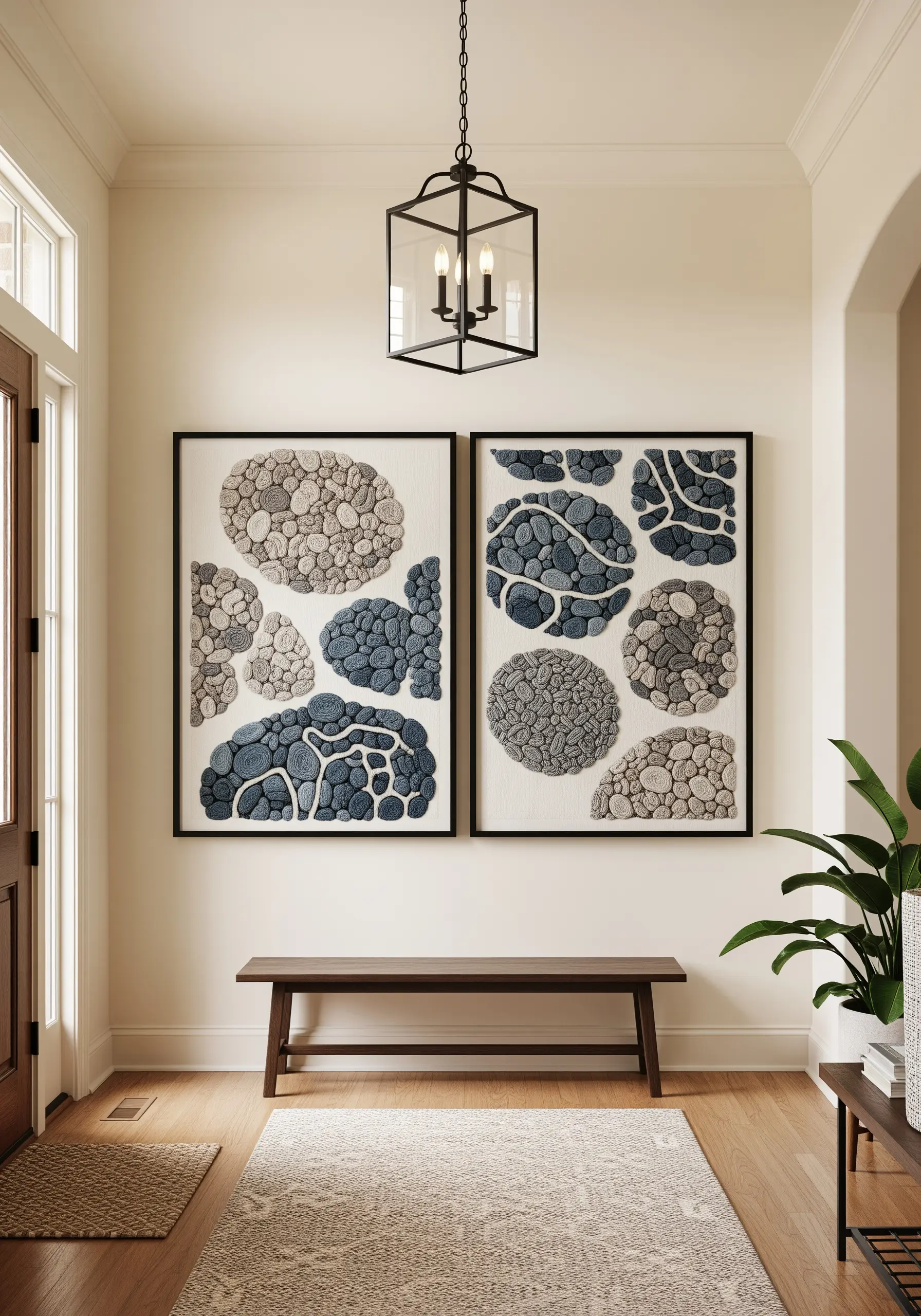 A diptych of framed art showing abstract pebble shapes filled with dense French knots in grey and blue.