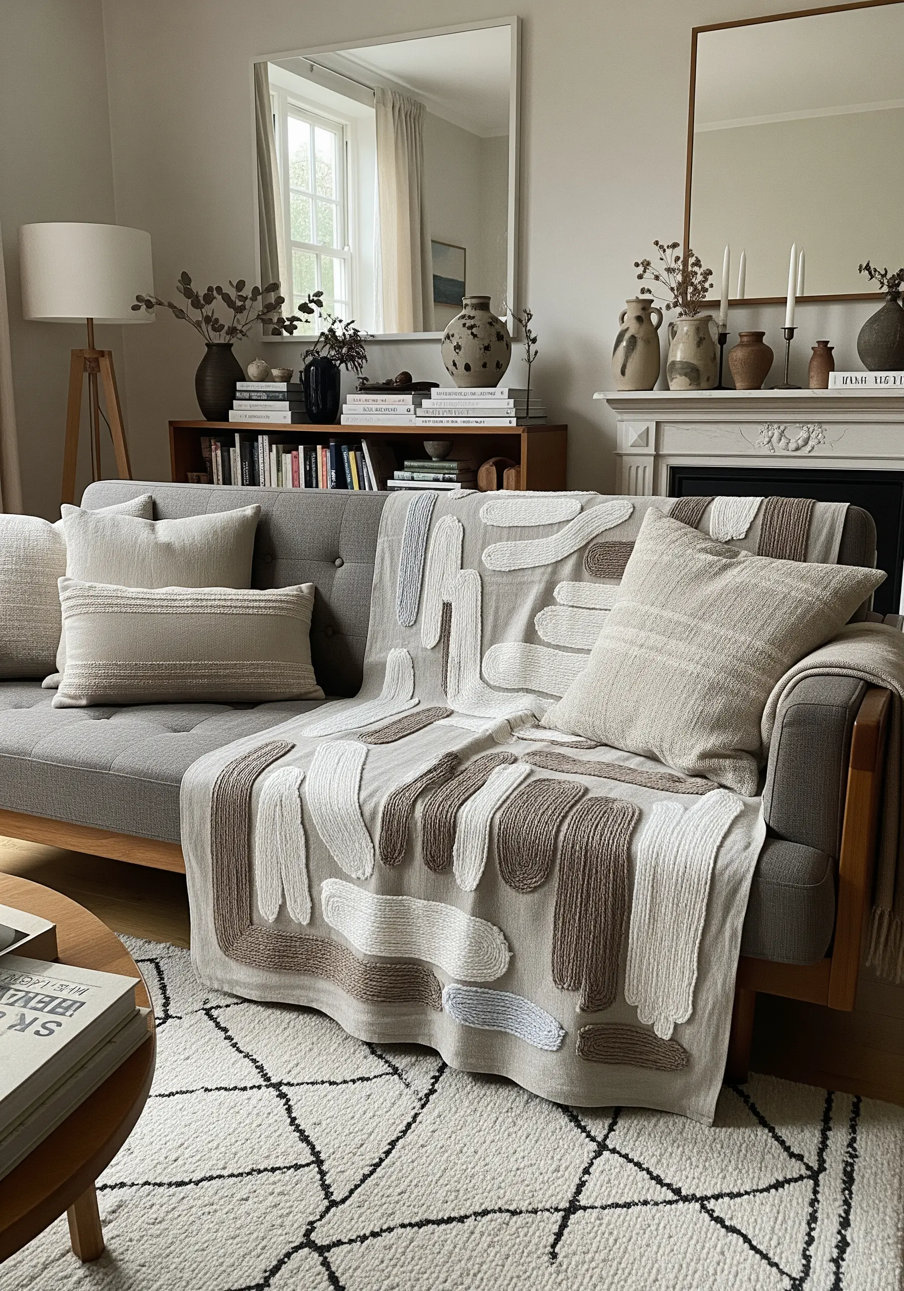 Abstract, rounded shapes filled with satin stitch on a light-colored throw blanket.