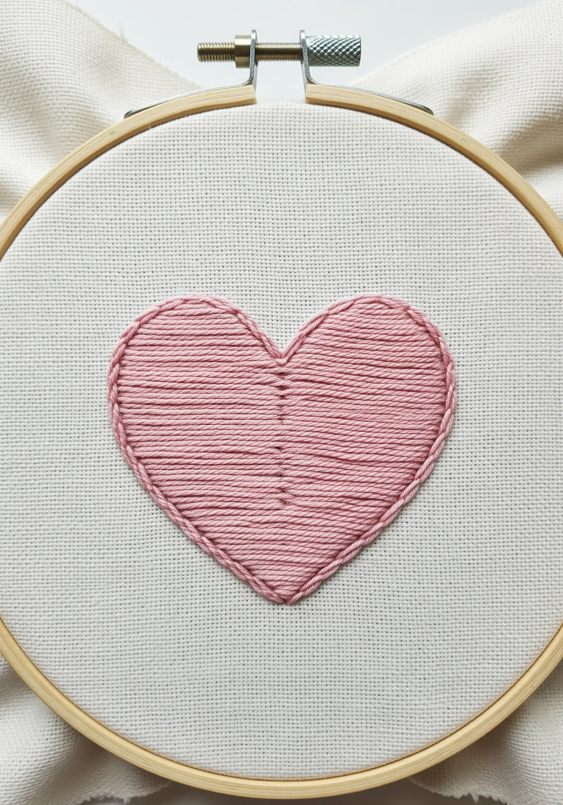 A pink heart filled with horizontal laid work stitches on white fabric.