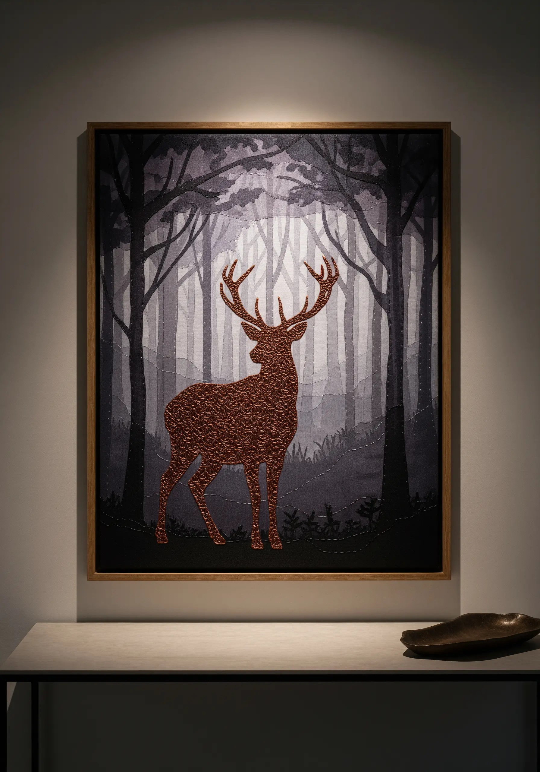 A framed artwork of a deer silhouette filled with dense, copper-colored knots or stitches.