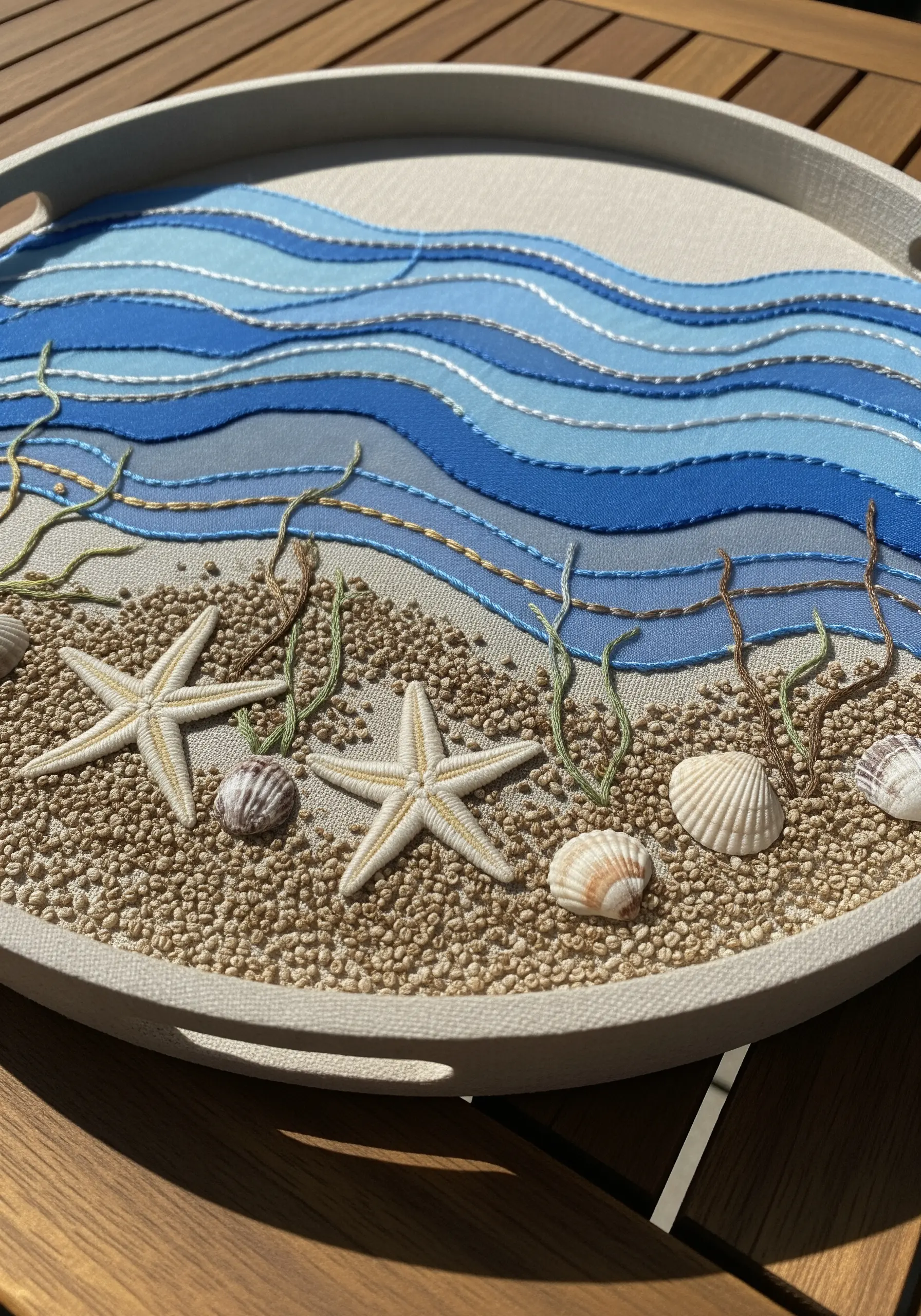 An embroidered beach scene in a tray, with dense seed stitch for sand and appliquéd waves.