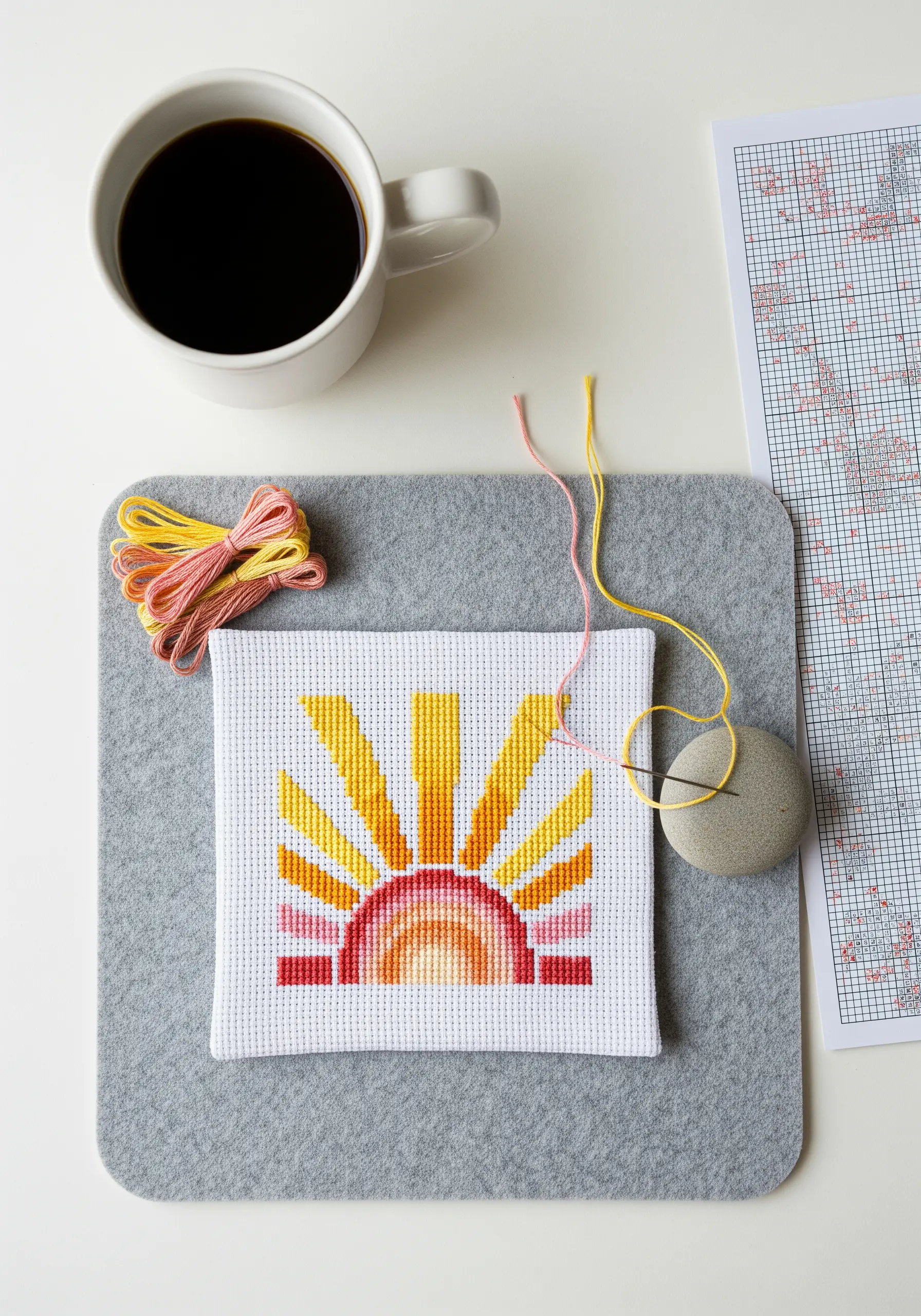 A cross-stitched geometric sun in shades of yellow, orange, and pink on white Aida cloth.