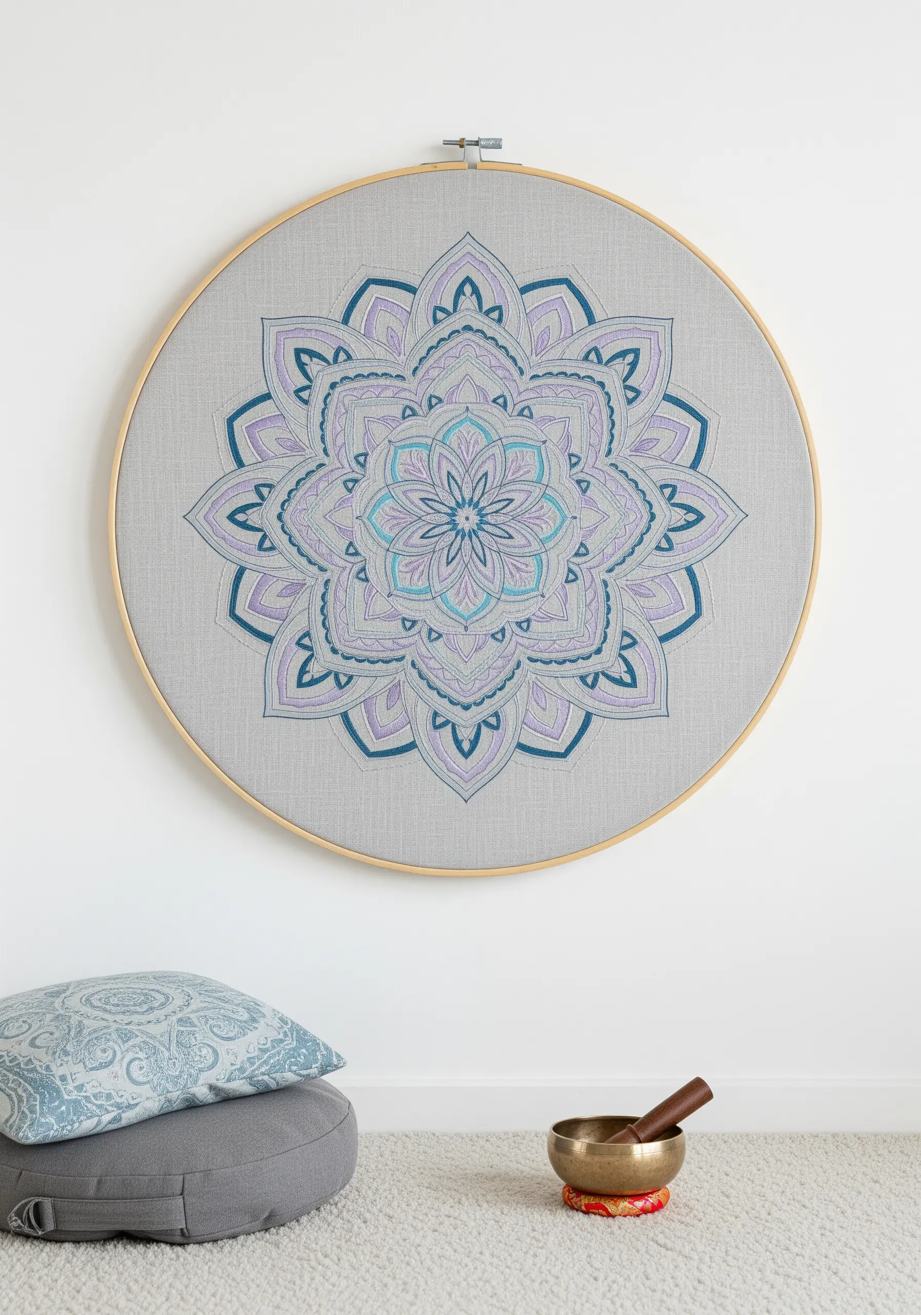 A large, intricate mandala embroidered in cool tones of blue, purple, and lavender.