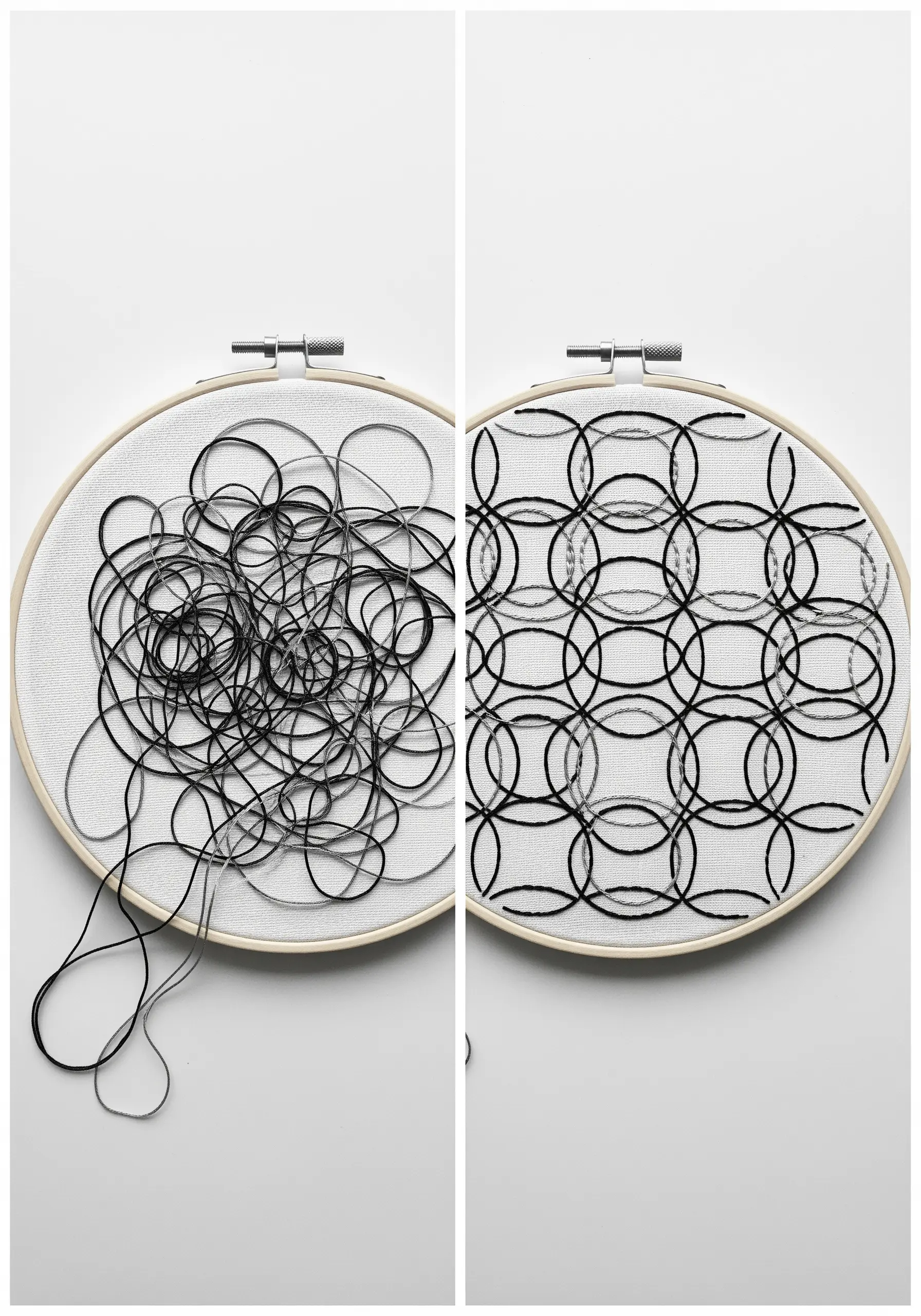 A diptych showing a chaotic thread scribble transformed into an orderly geometric pattern.