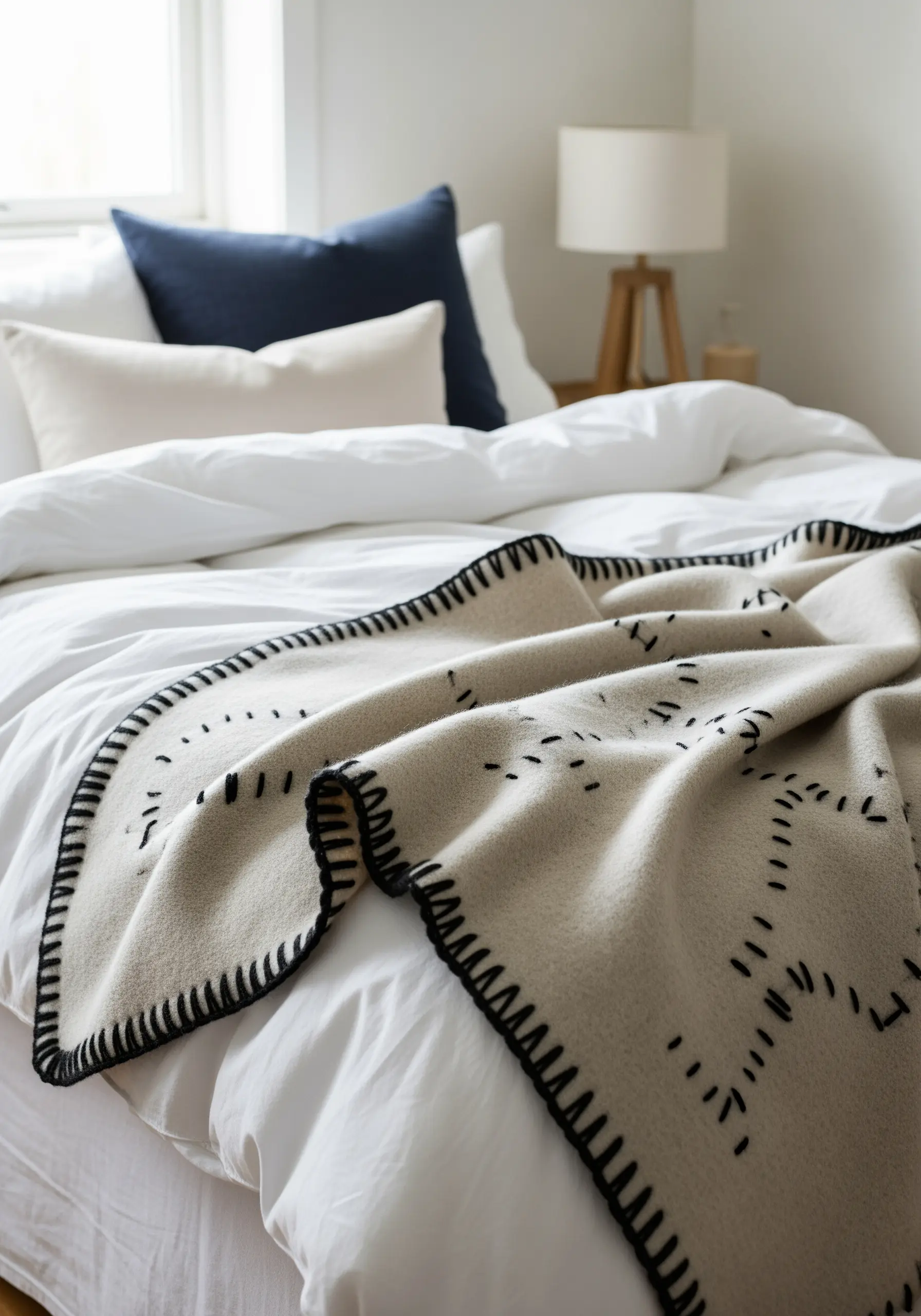 The edge of a beige wool blanket finished with a thick, black blanket stitch.