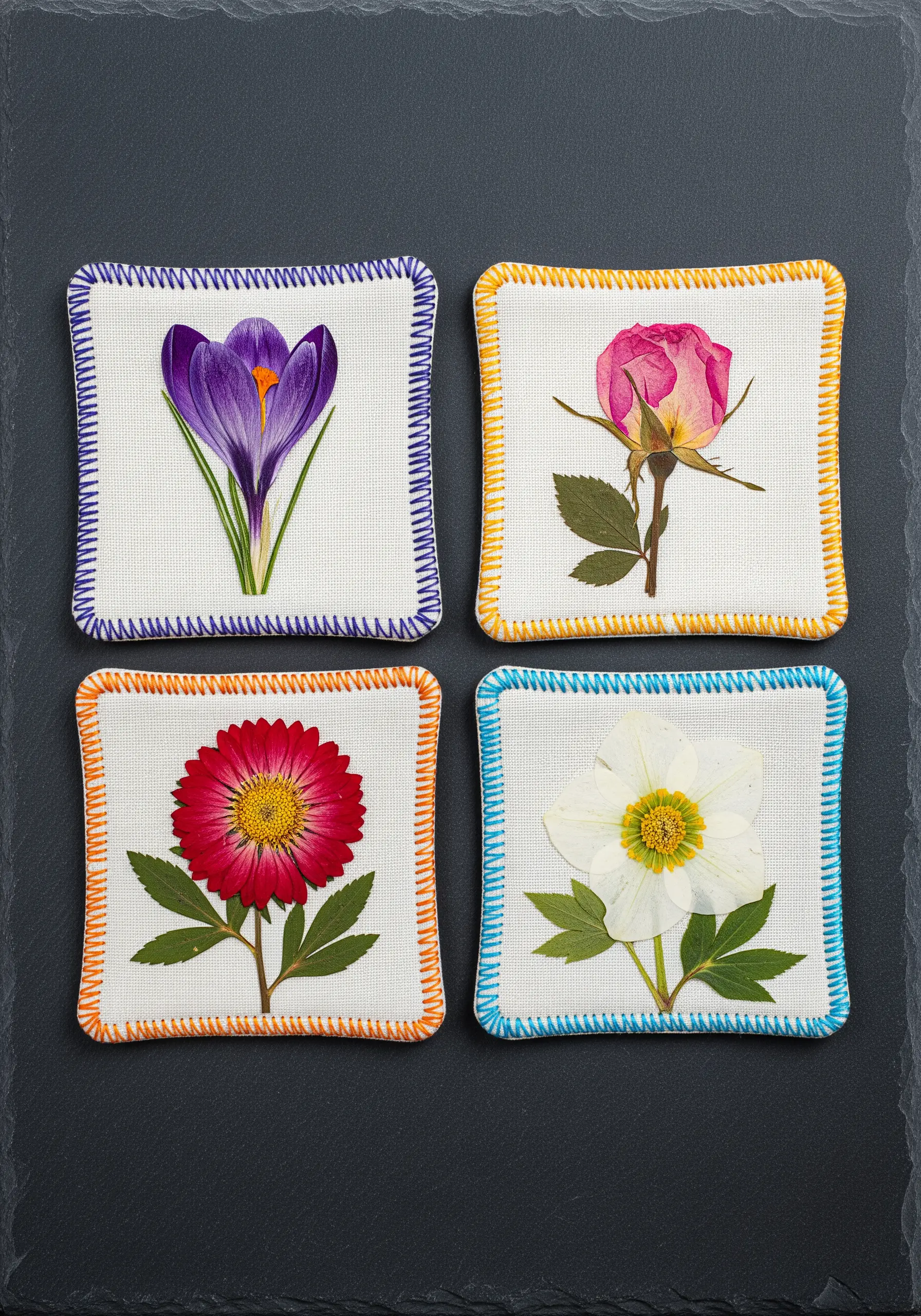 Four coasters with pressed flowers, each edged with a colorful blanket stitch.