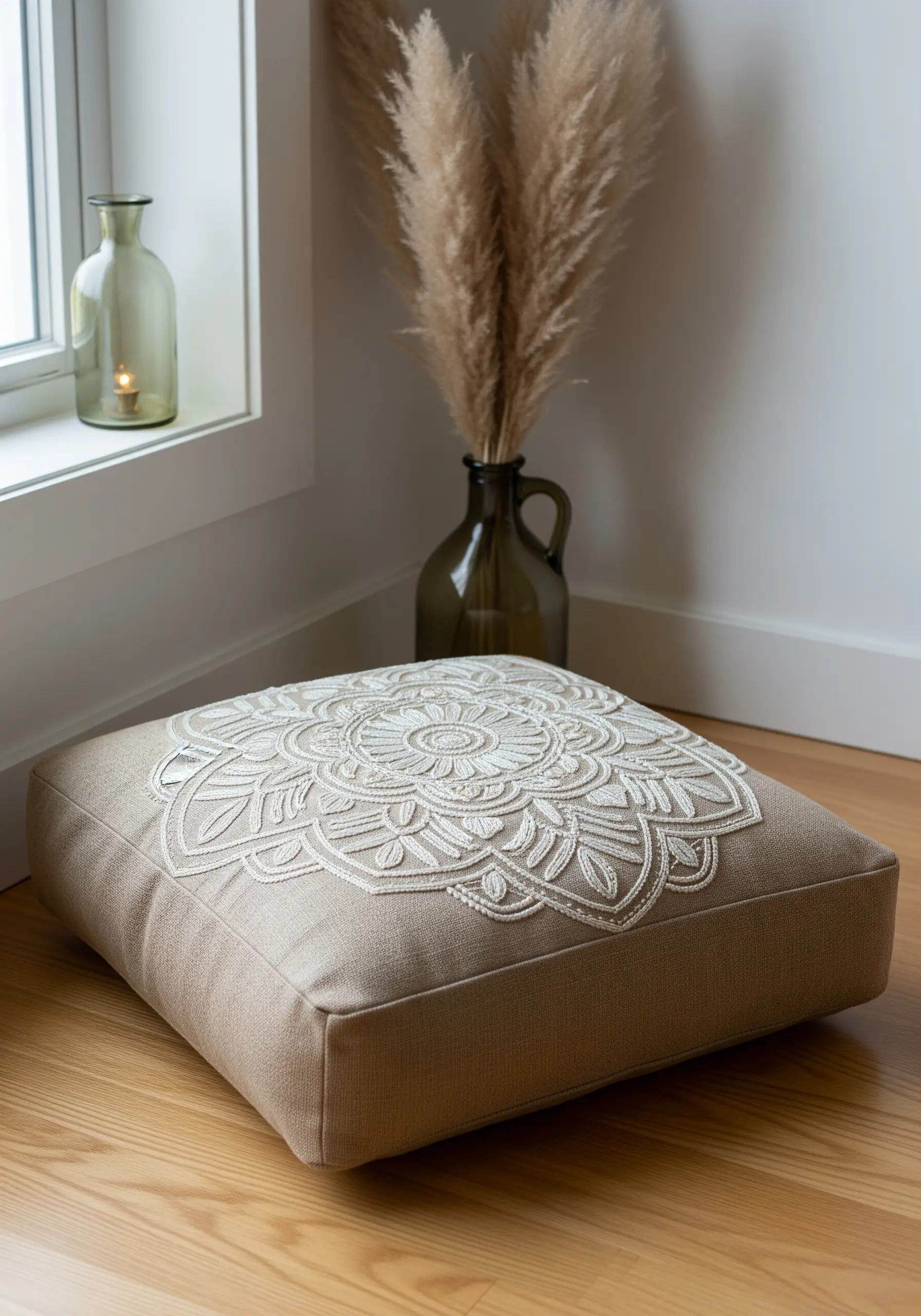An intricate white mandala embroidered with perfect satin stitch on a beige floor cushion.