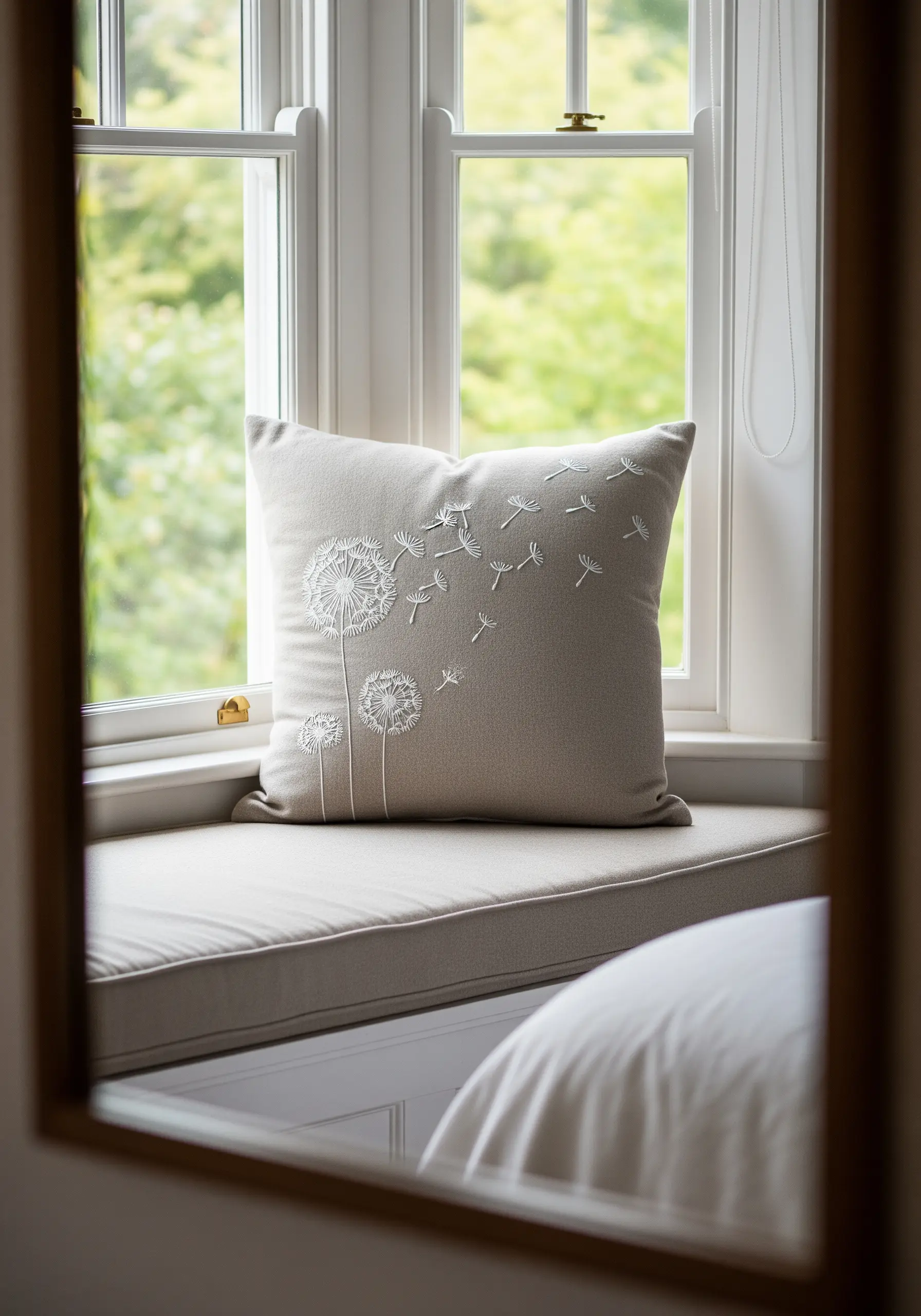 White embroidered dandelions with seeds blowing in the wind on a beige cushion.