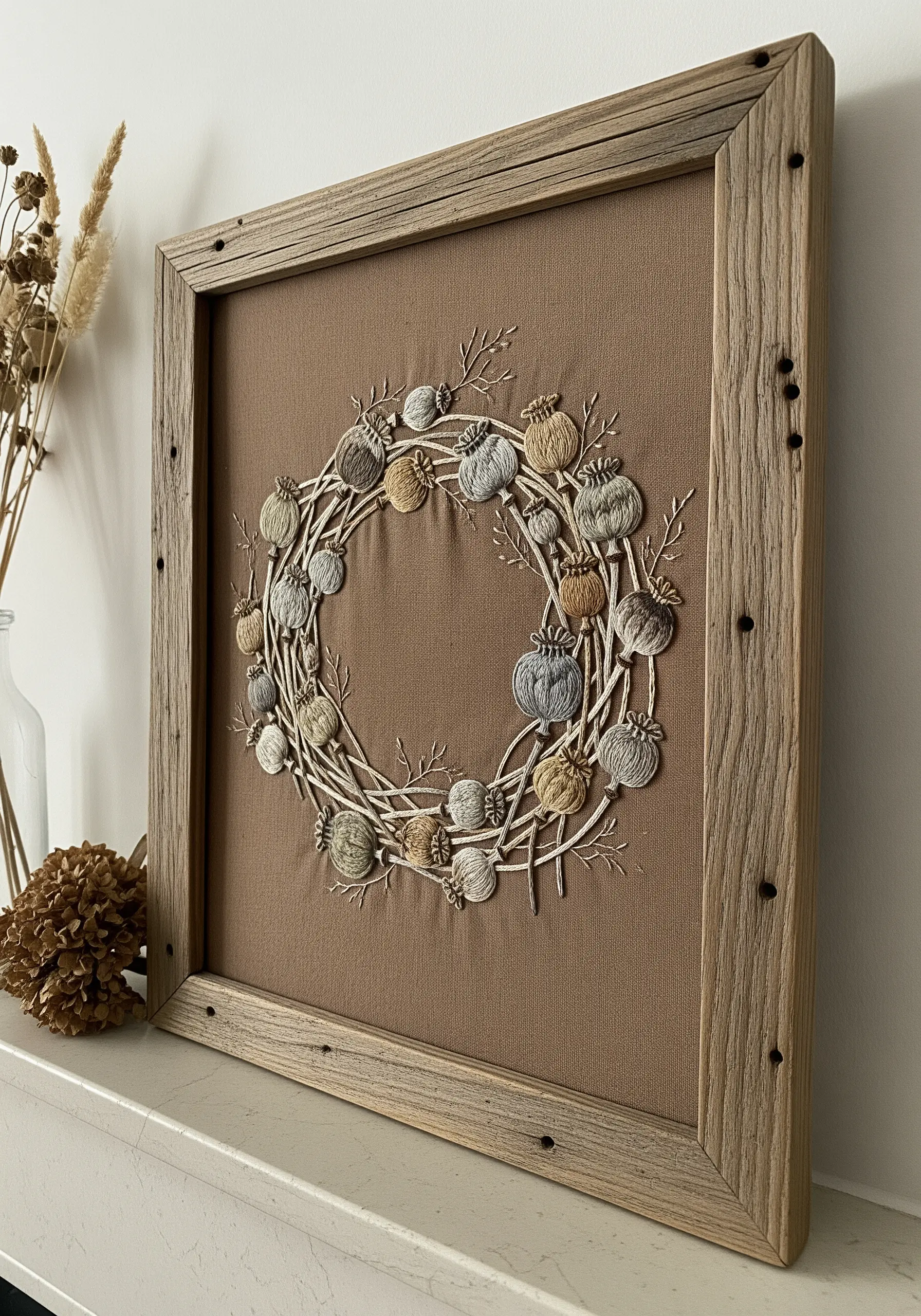 An embroidered wreath of poppy seed pods in neutral tones, framed in rustic wood.