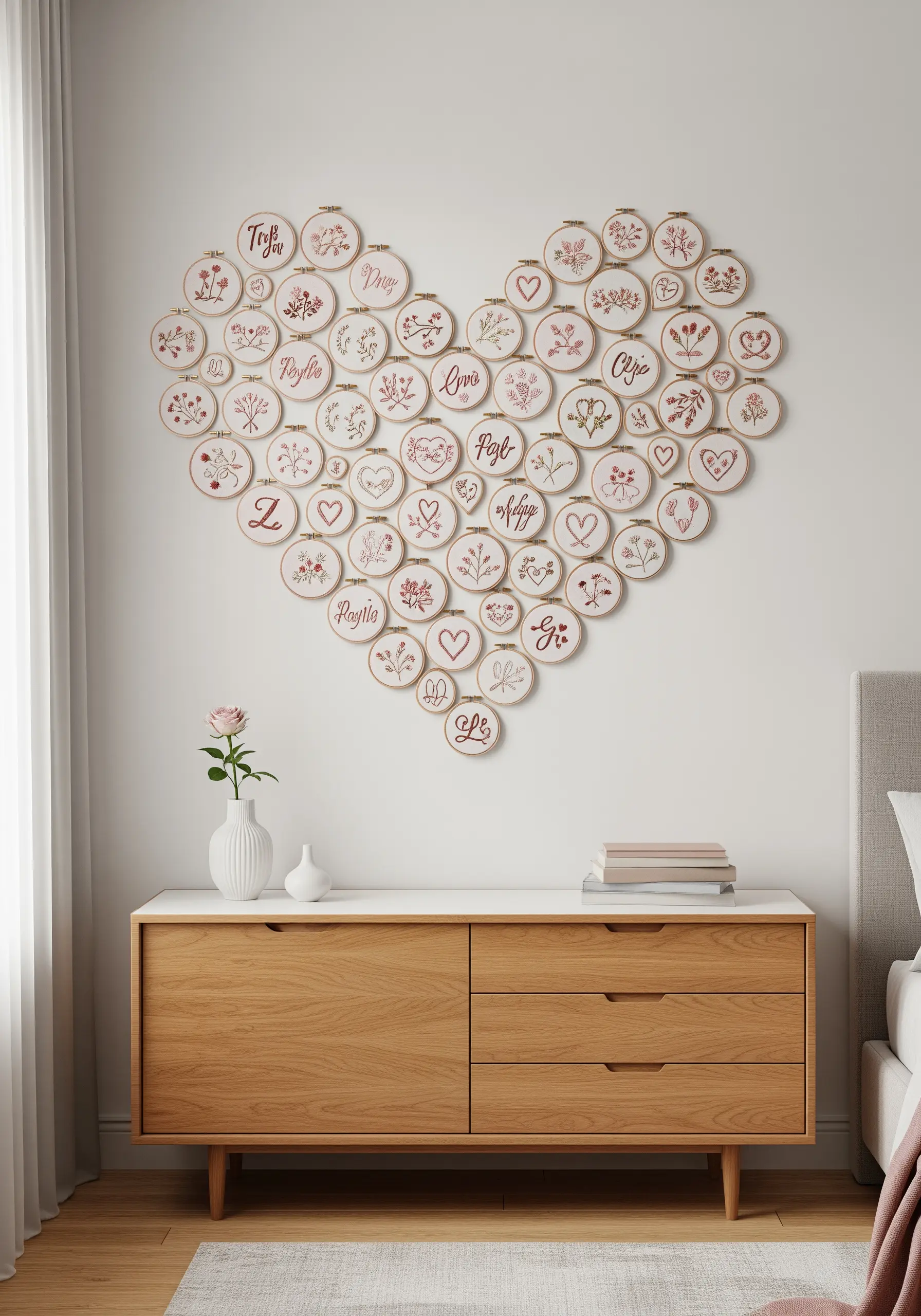 A large heart shape on a wall made from dozens of small embroidery hoops with words and initials.