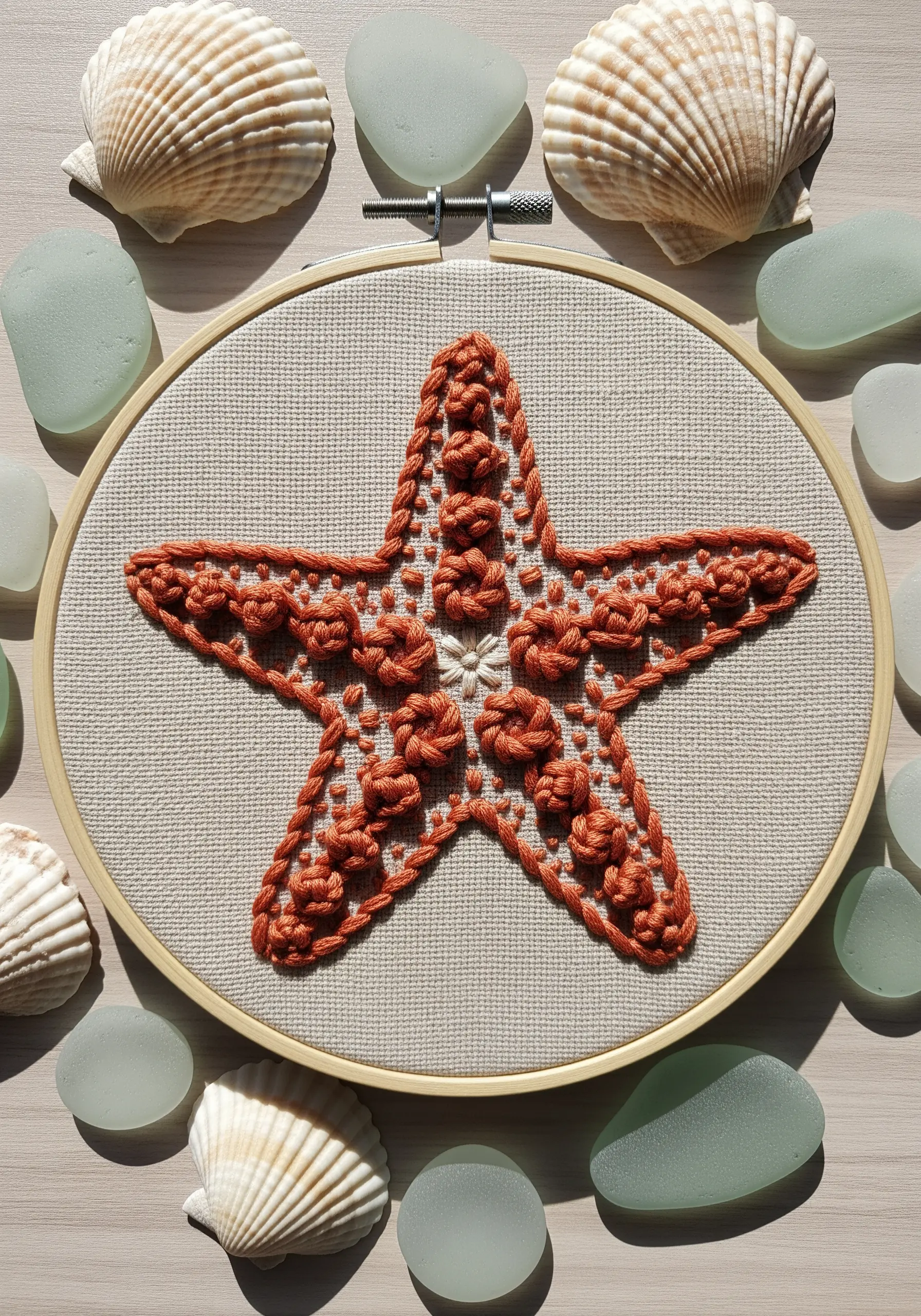 Embroidered starfish in orange thread, using a variety of textured knot stitches.