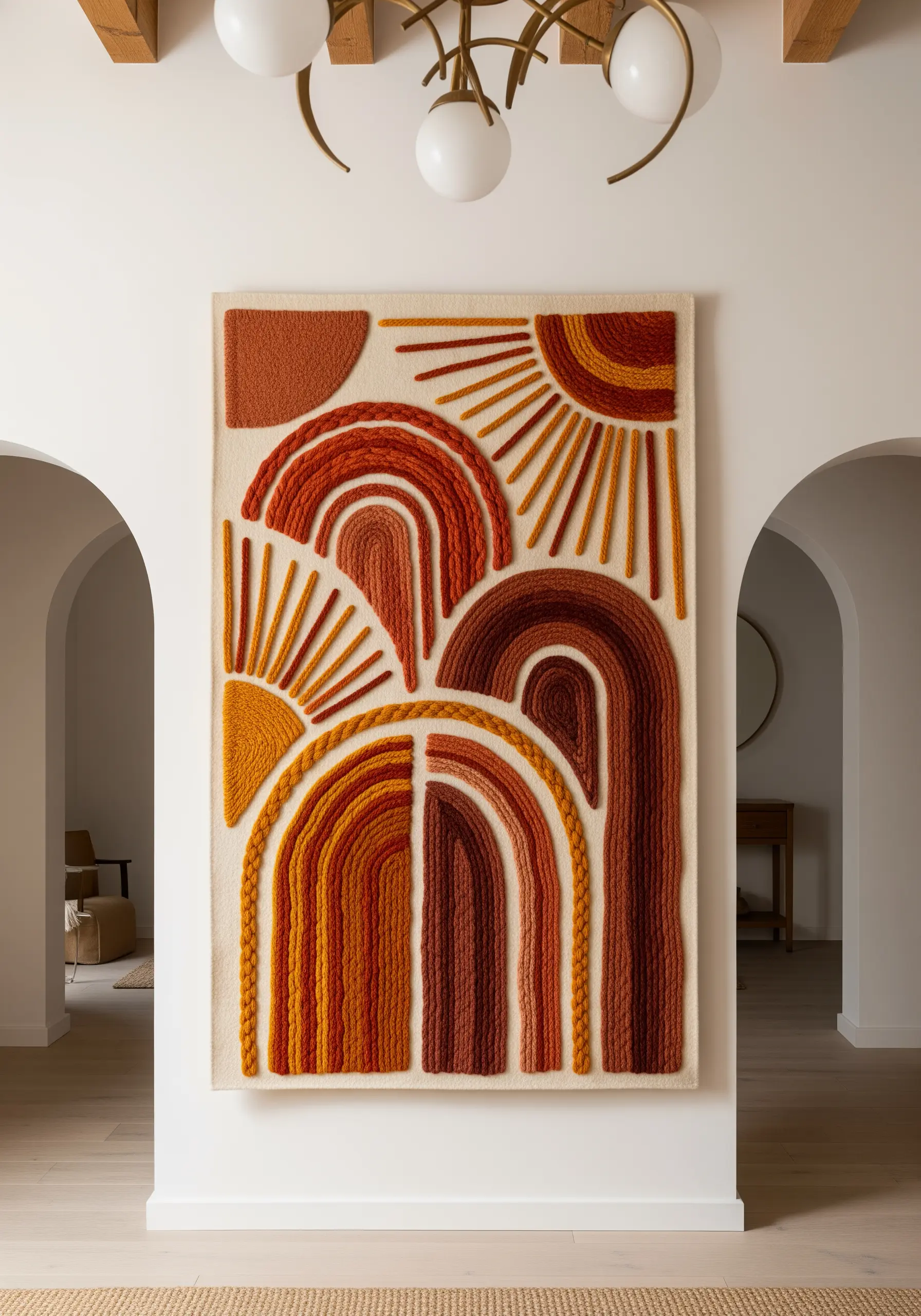 A large tapestry with abstract suns and rainbows made with thick, couched yarn.