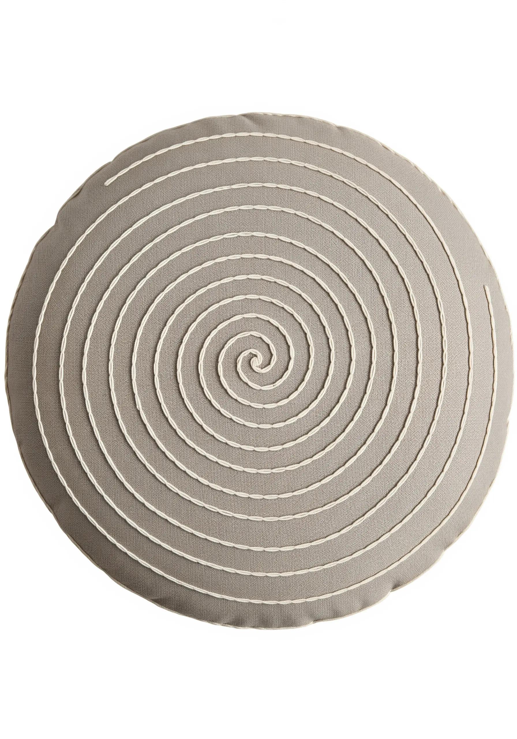 A large, perfect spiral embroidered in white cord on a round grey cushion.