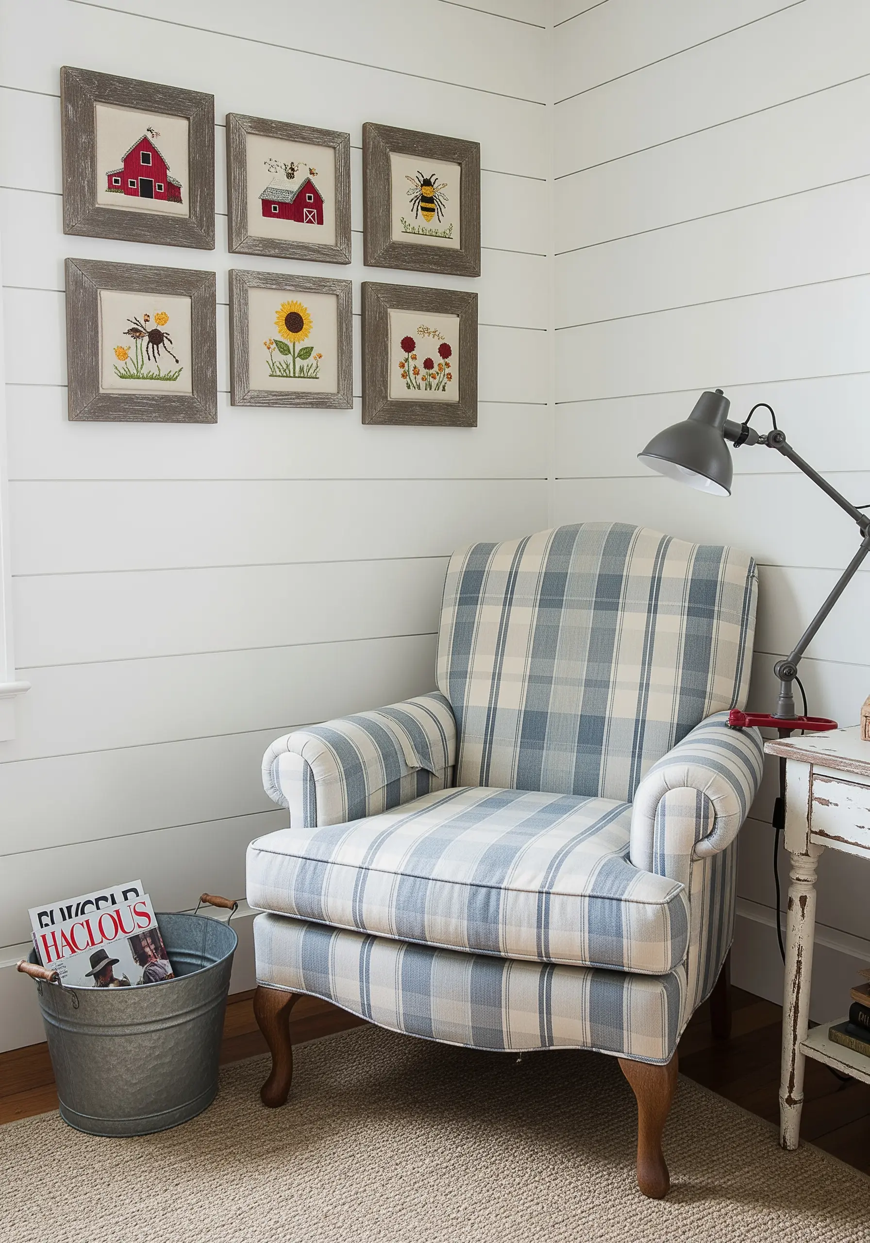 A collection of six framed farmhouse-themed embroidery pieces, including a barn and a bee.