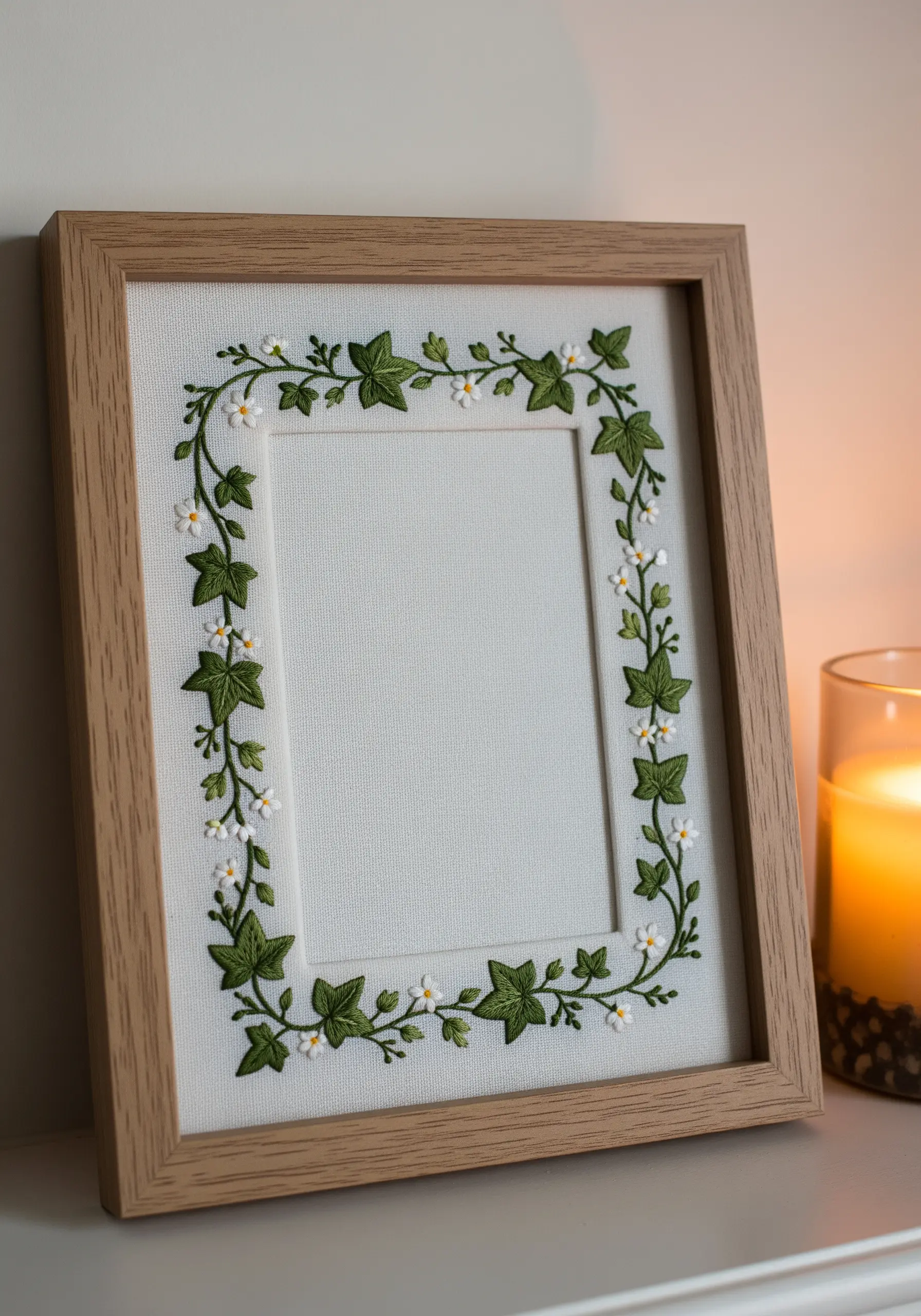 A wooden photo frame with a hand-embroidered mat featuring a delicate green ivy vine.