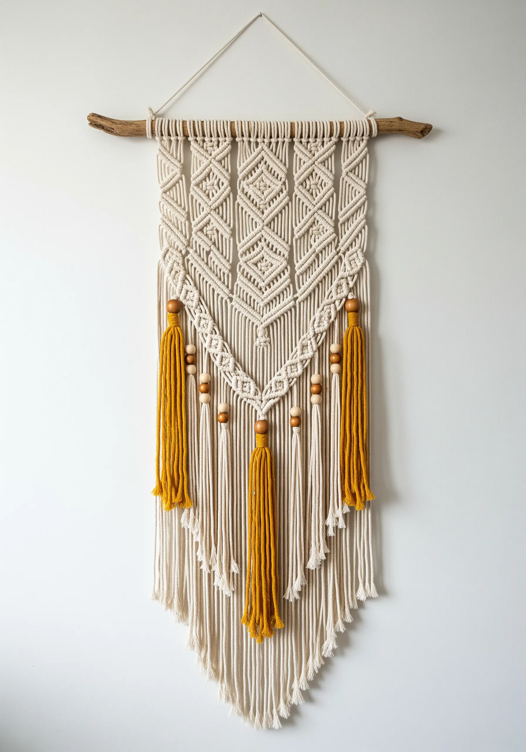 Macrame wall hanging with mustard yellow tassels and wooden beads on a natural branch.