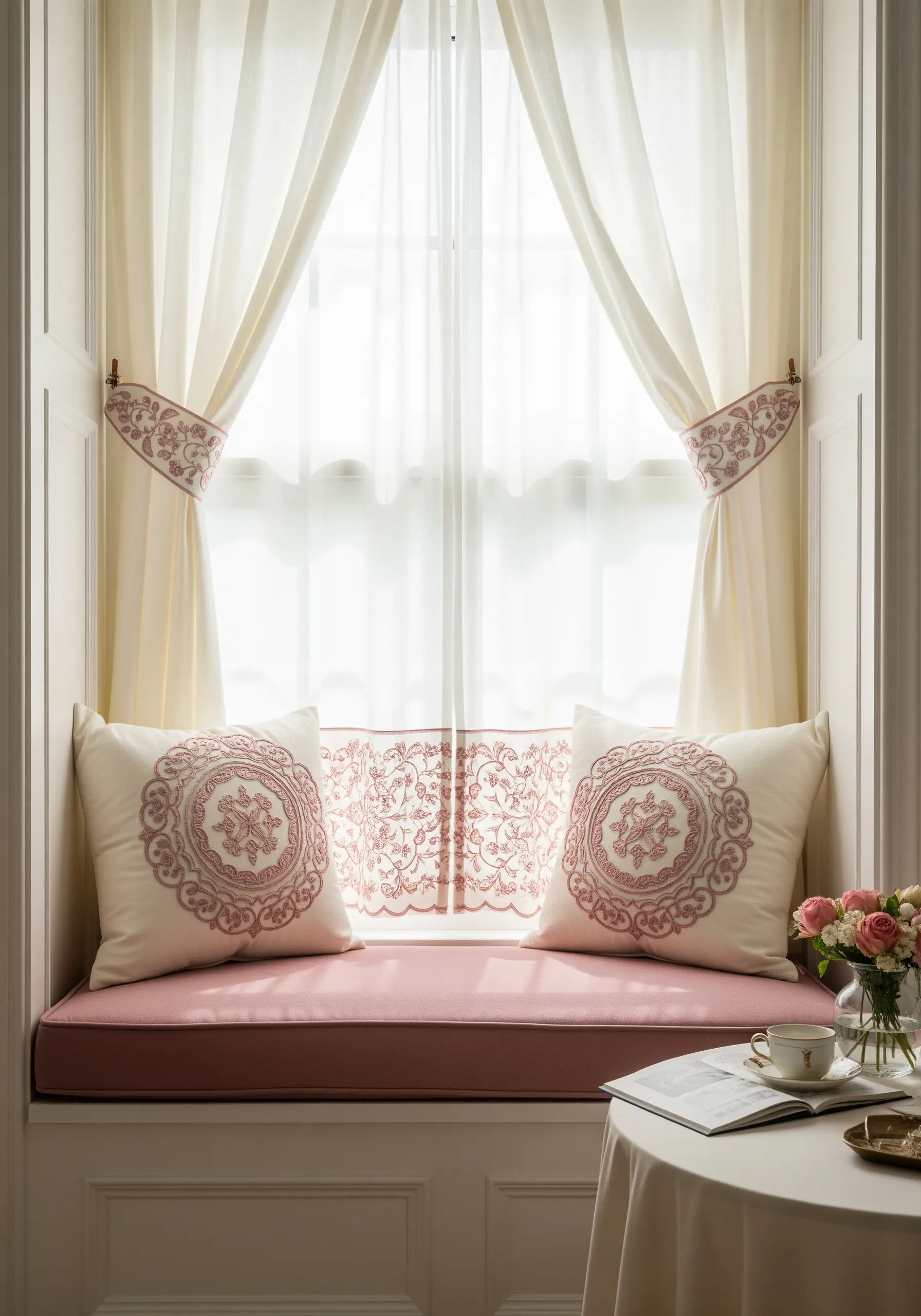 Ornate dusty rose embroidery on pillows and curtain tie-backs in a cozy window seat.