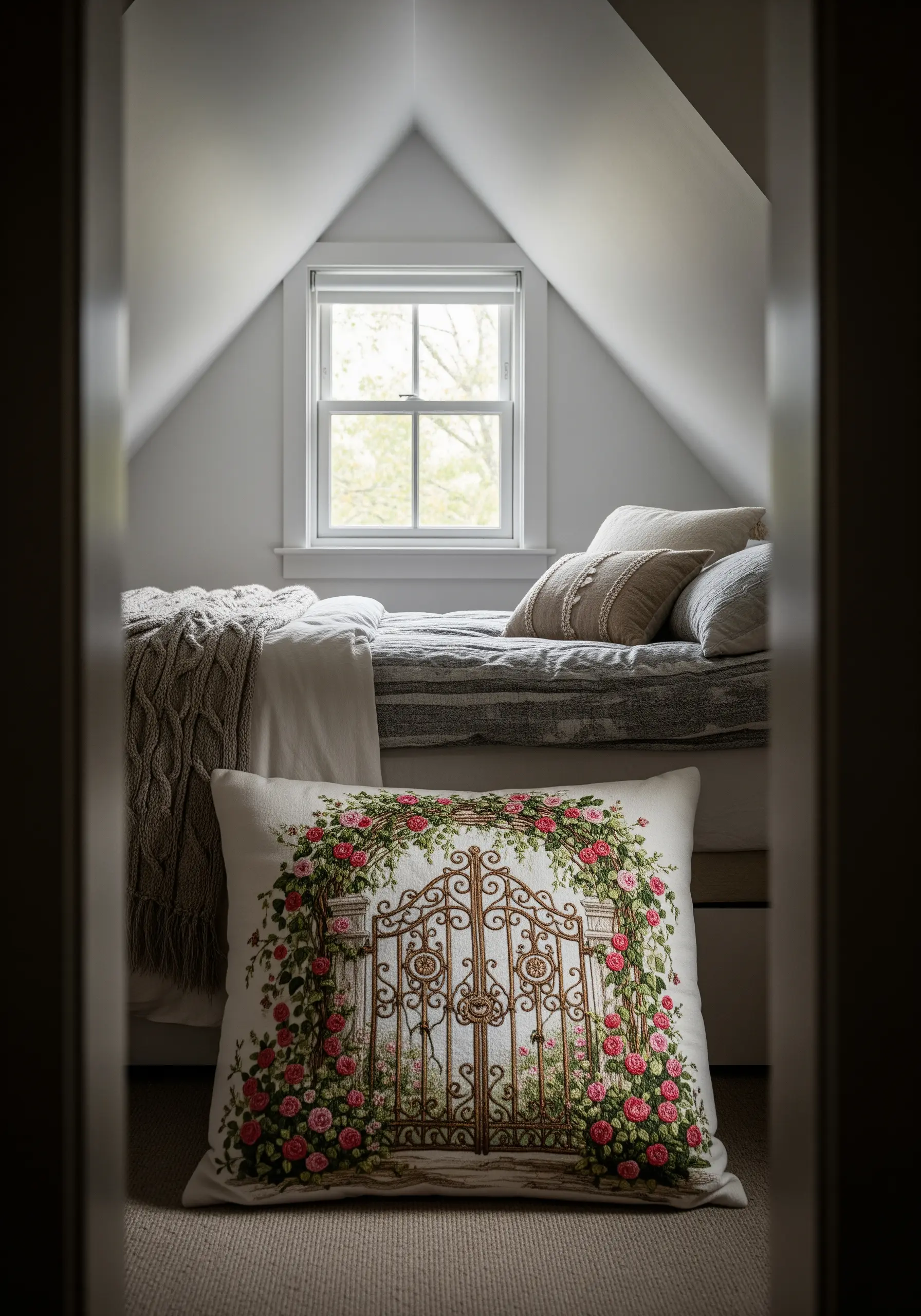 An embroidered pillow featuring an ornate garden gate framed with dimensional pink roses.