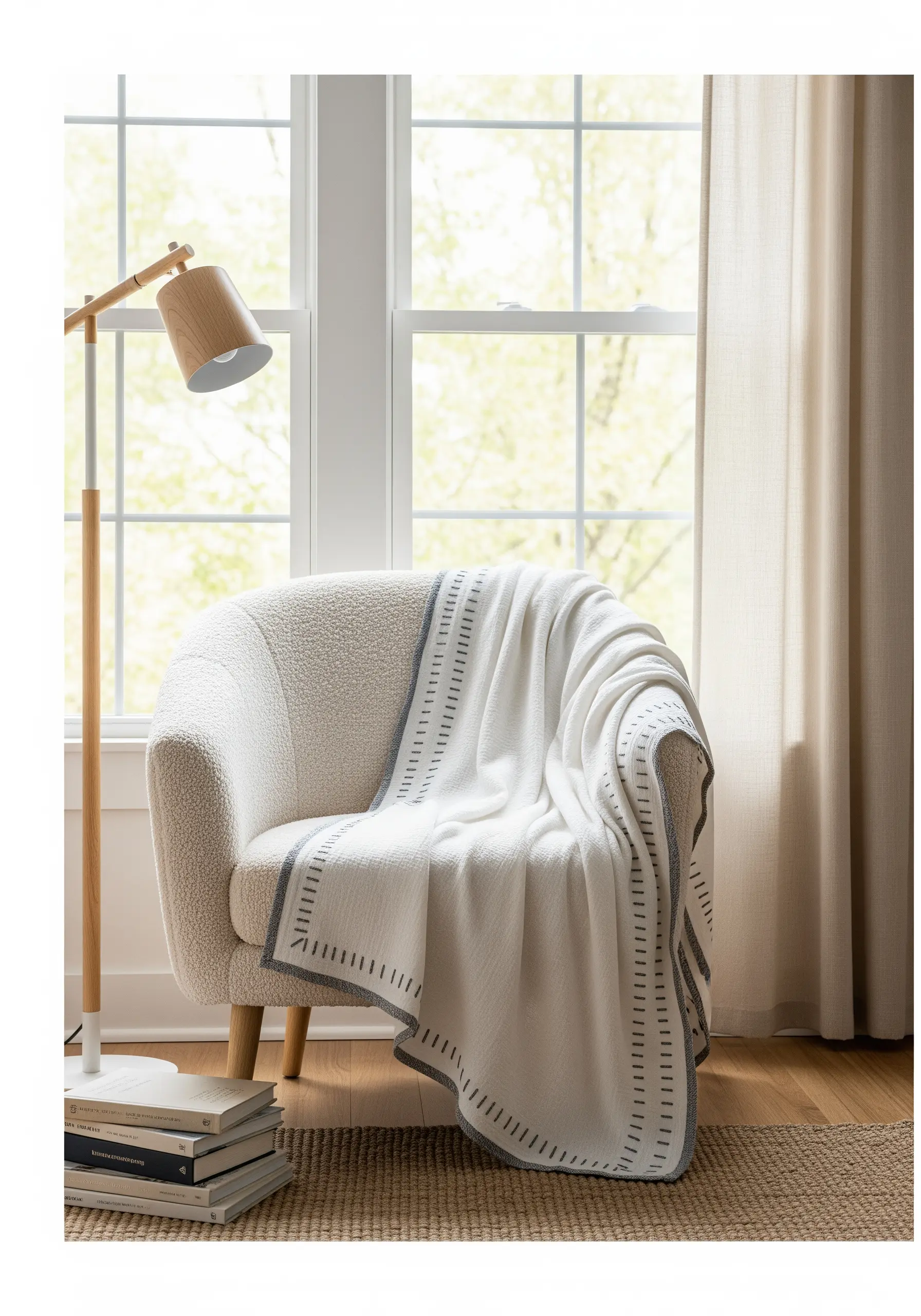 A white throw blanket with a modern border made of grey running stitches in a rhythmic pattern.