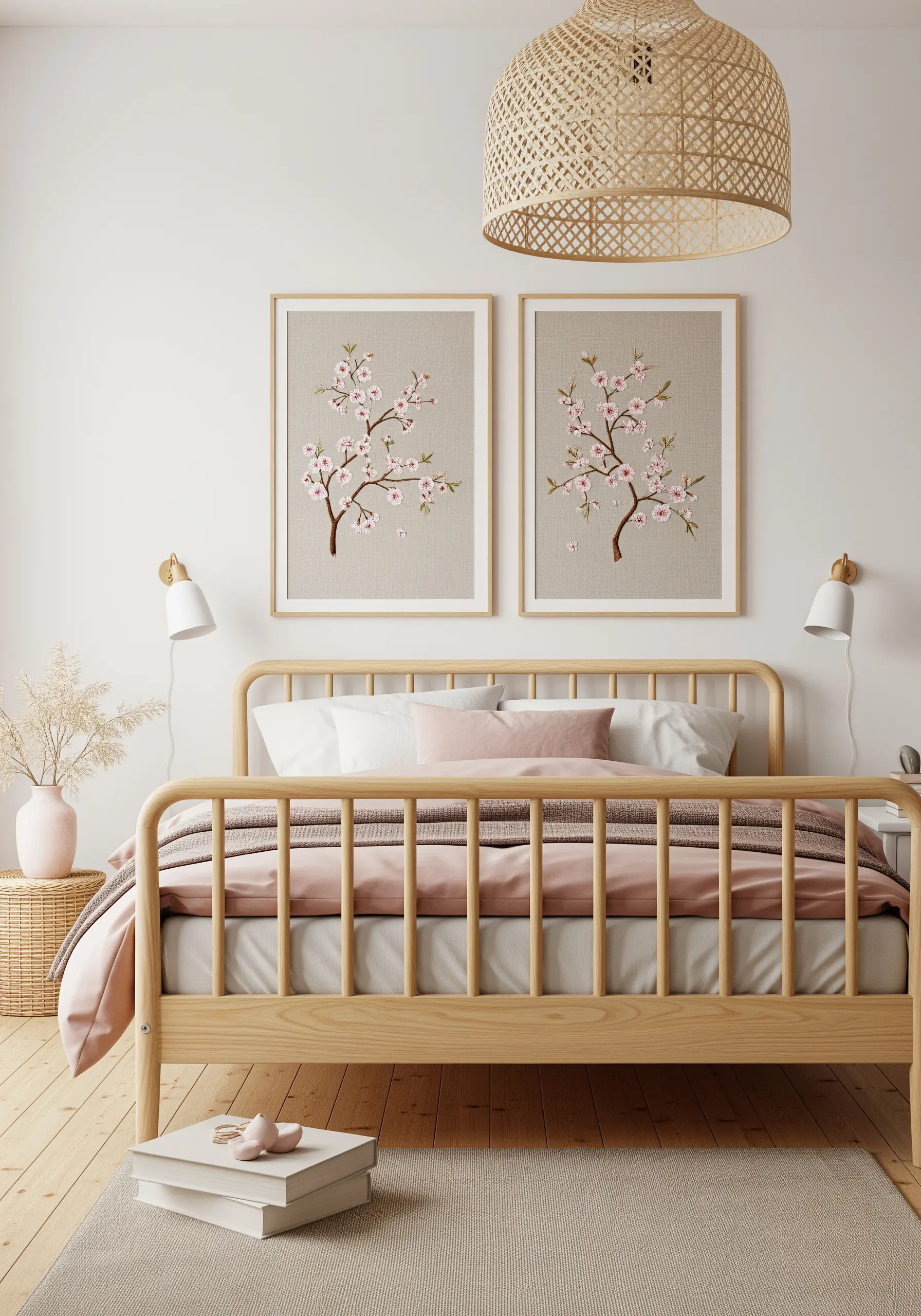 Two framed embroidery pieces of cherry blossoms hanging above a bed.