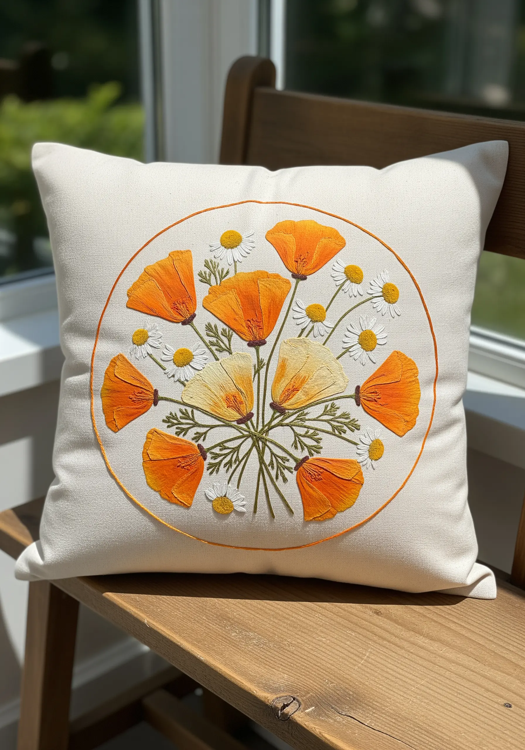 A circular arrangement of embroidered orange poppies and daisies on a white cushion.