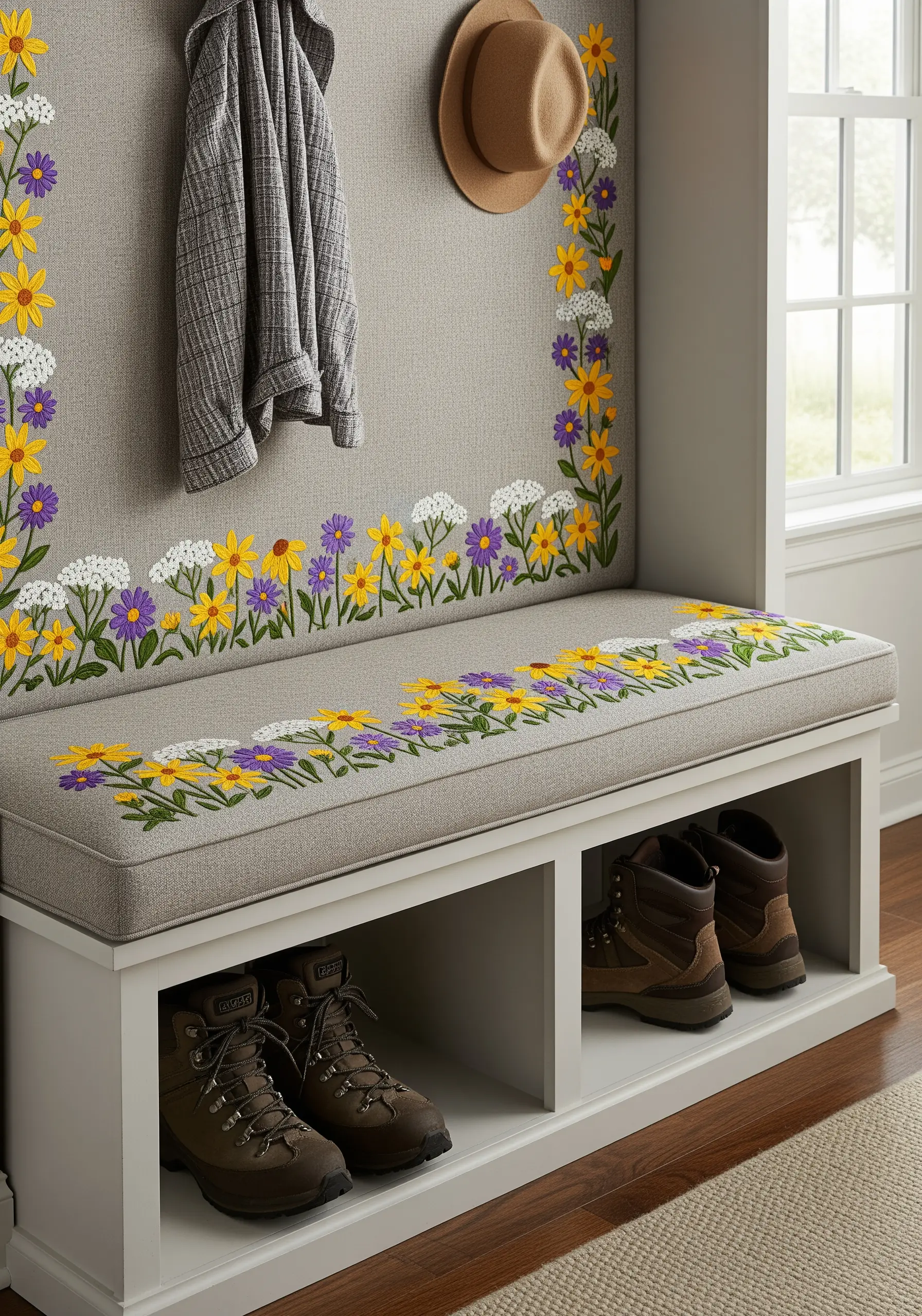 An entryway bench and wall framed with a continuous border of embroidered wildflowers