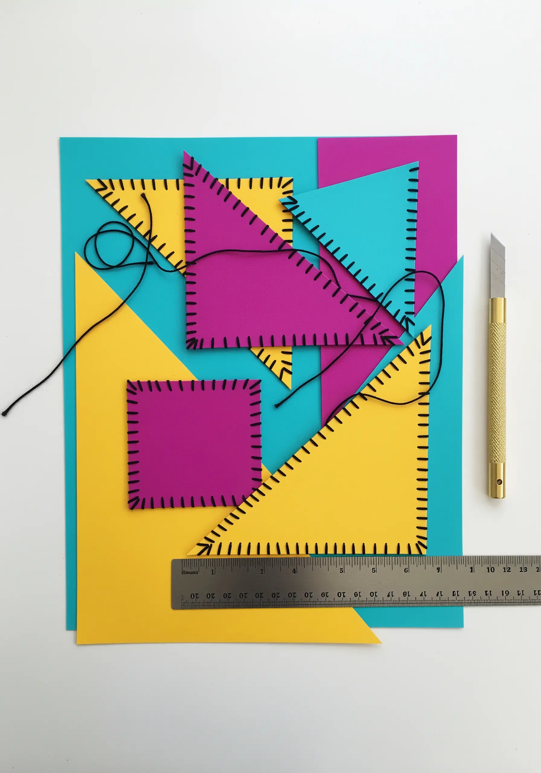 Geometric paper collage with shapes outlined in a thick, black blanket stitch.