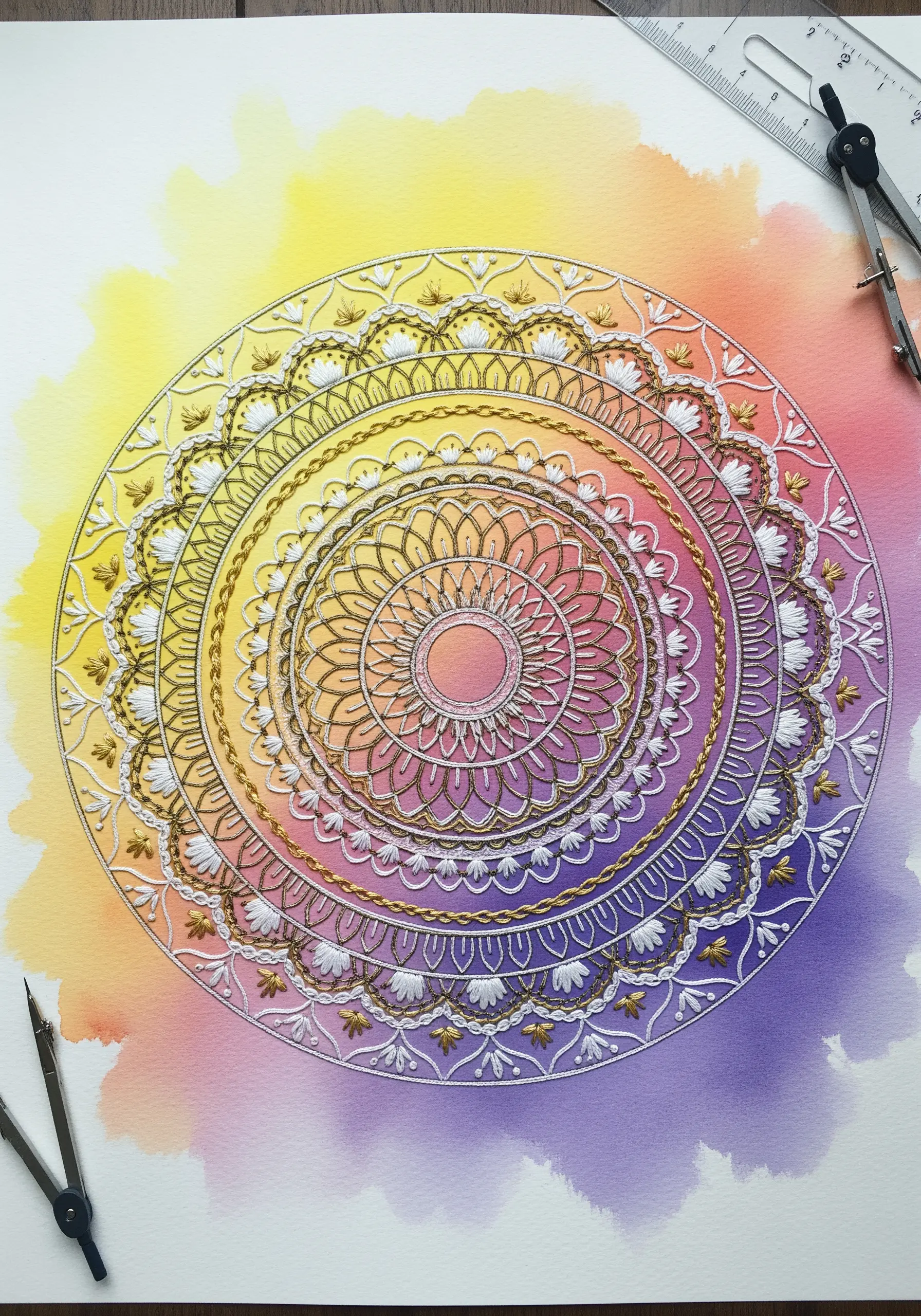 Intricate white and gold thread mandala stitched over a vibrant watercolor gradient.