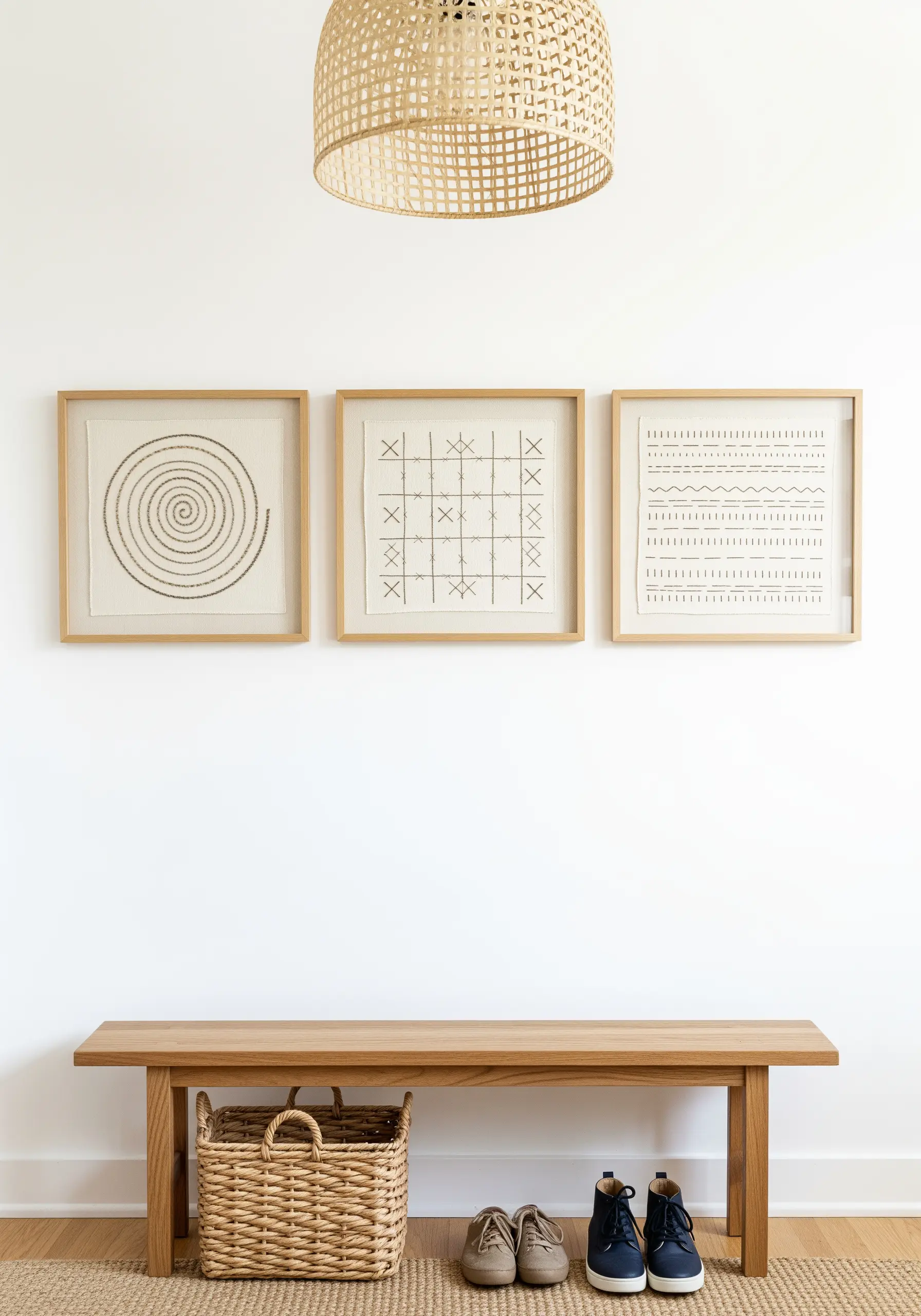 Three framed embroidery pieces with minimalist geometric patterns like spirals and grids.