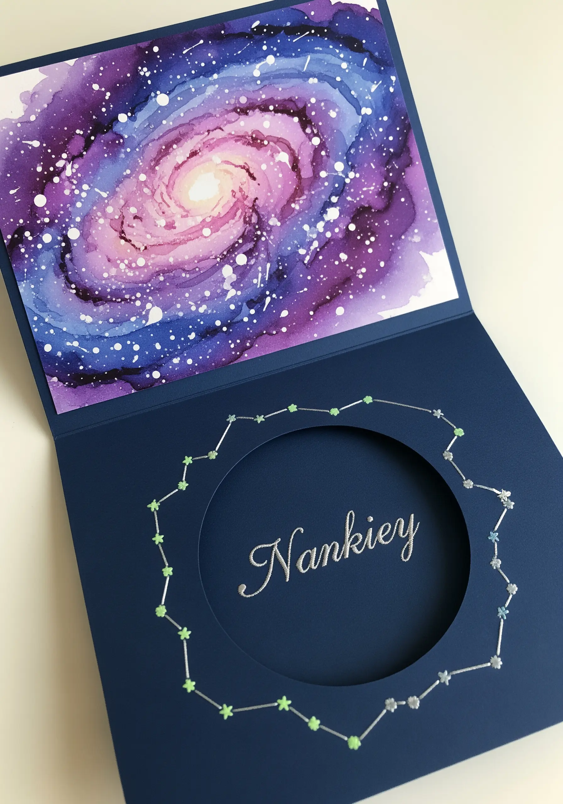 A greeting card with a circular cut-out revealing an embroidered name and constellation.
