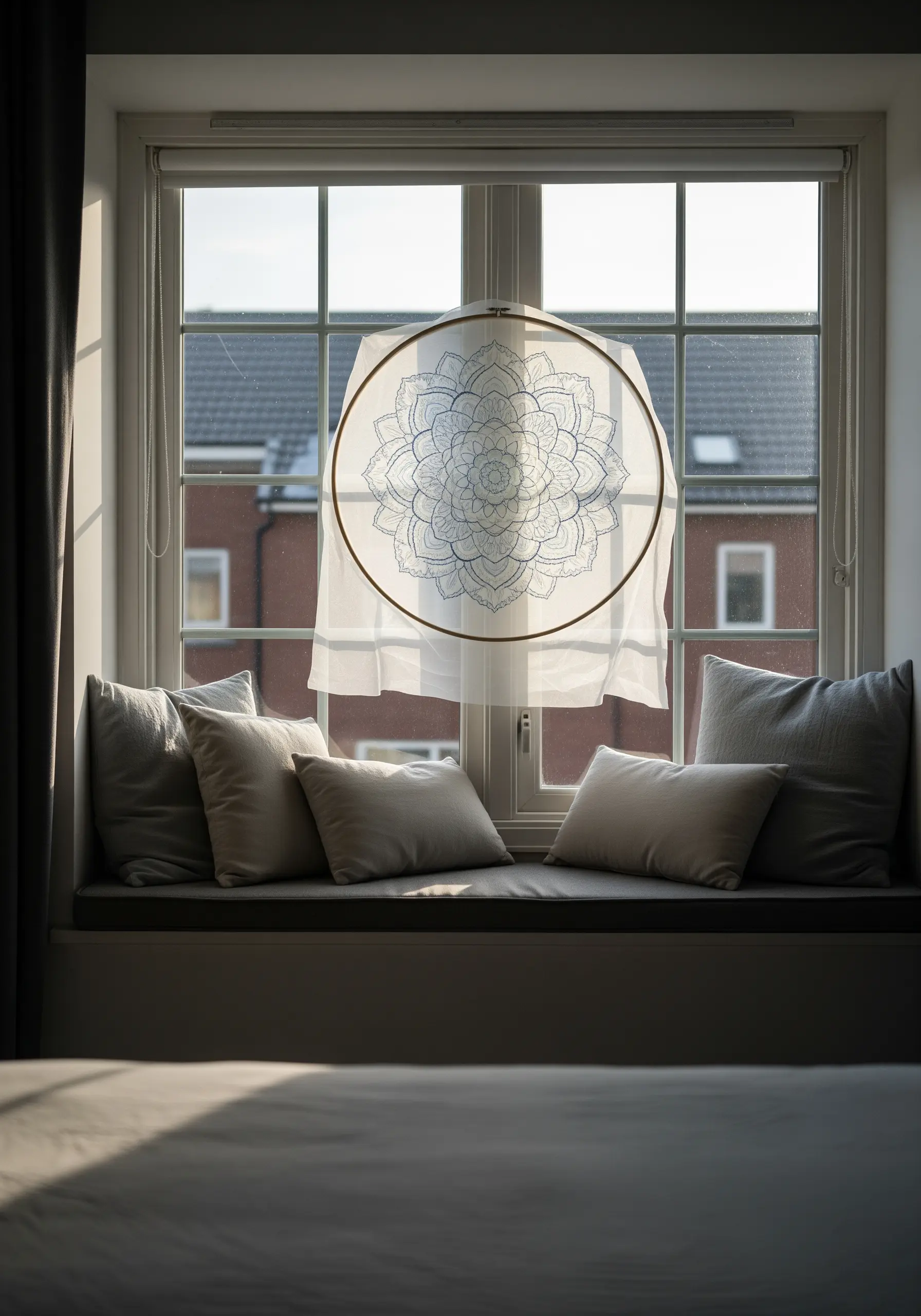 A mandala stitched on sheer fabric in a hoop, hanging in a window.