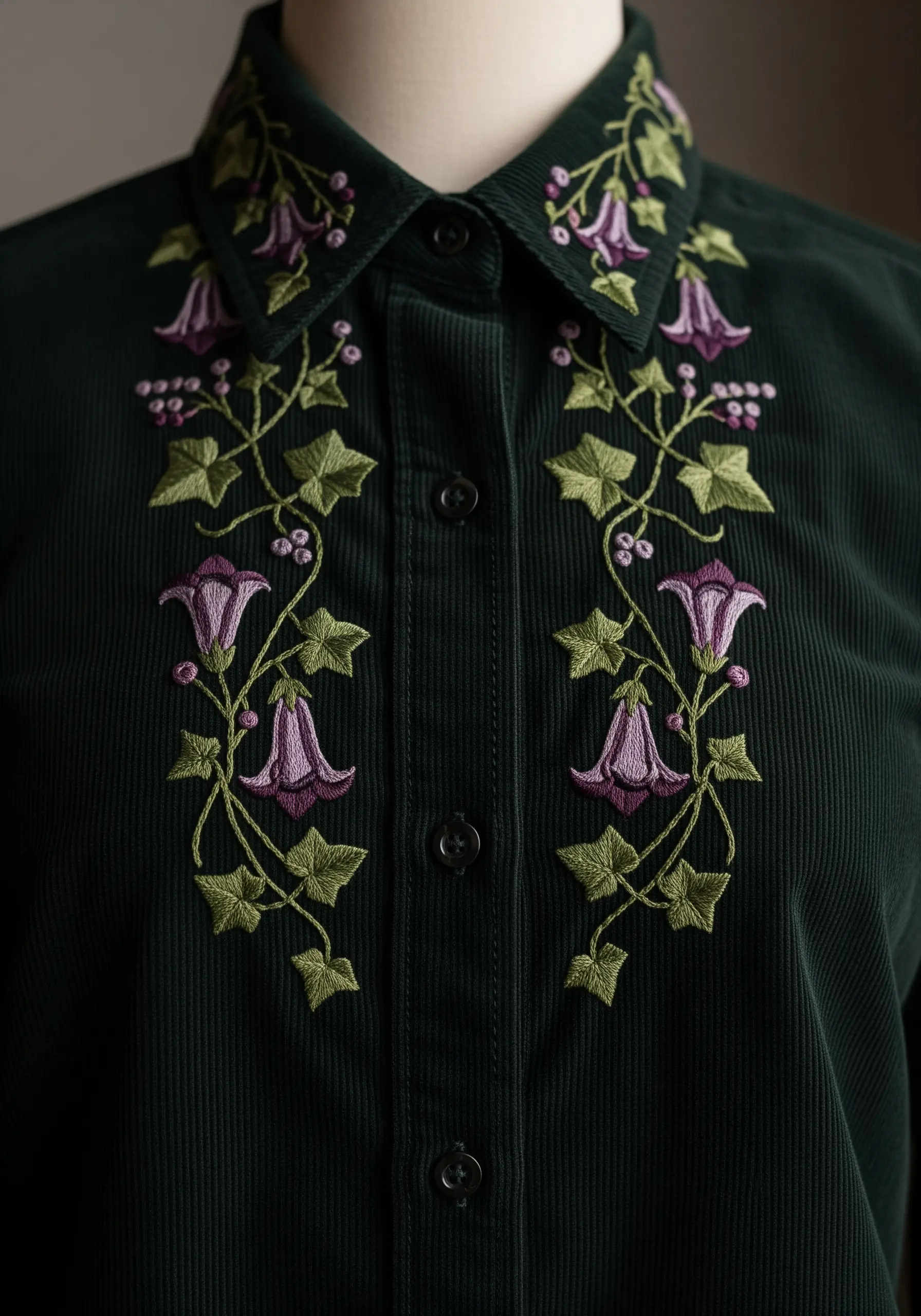 Symmetrical floral embroidery with purple bellflowers and green vines on a dark green corduroy collar.