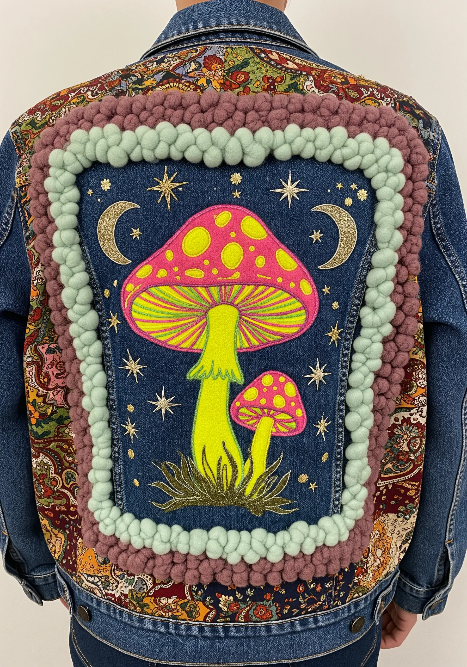 Back of a denim jacket with a psychedelic mushroom design framed by chunky yarn.