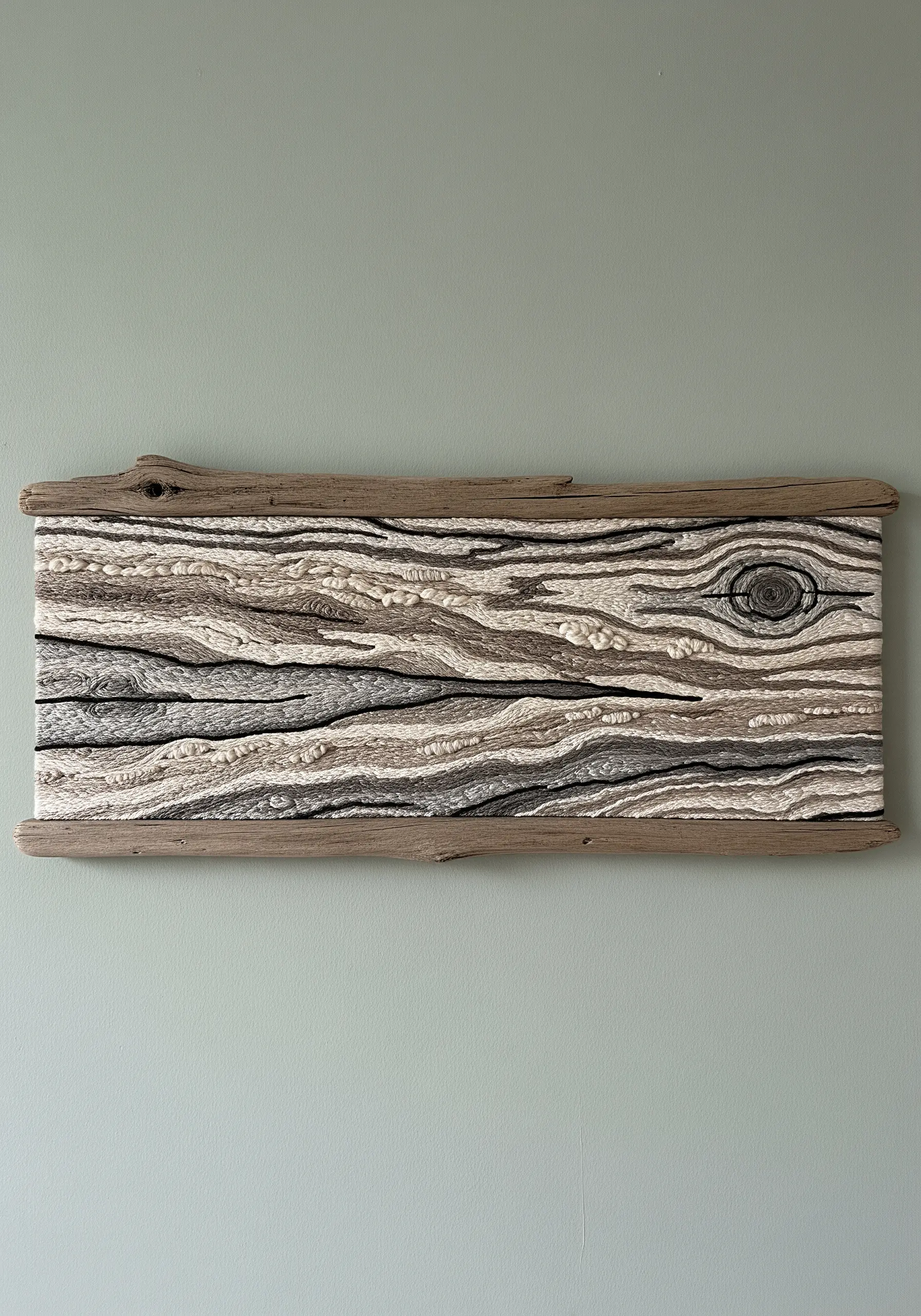 A textural fiber art piece mimicking wood grain, framed with two pieces of driftwood.