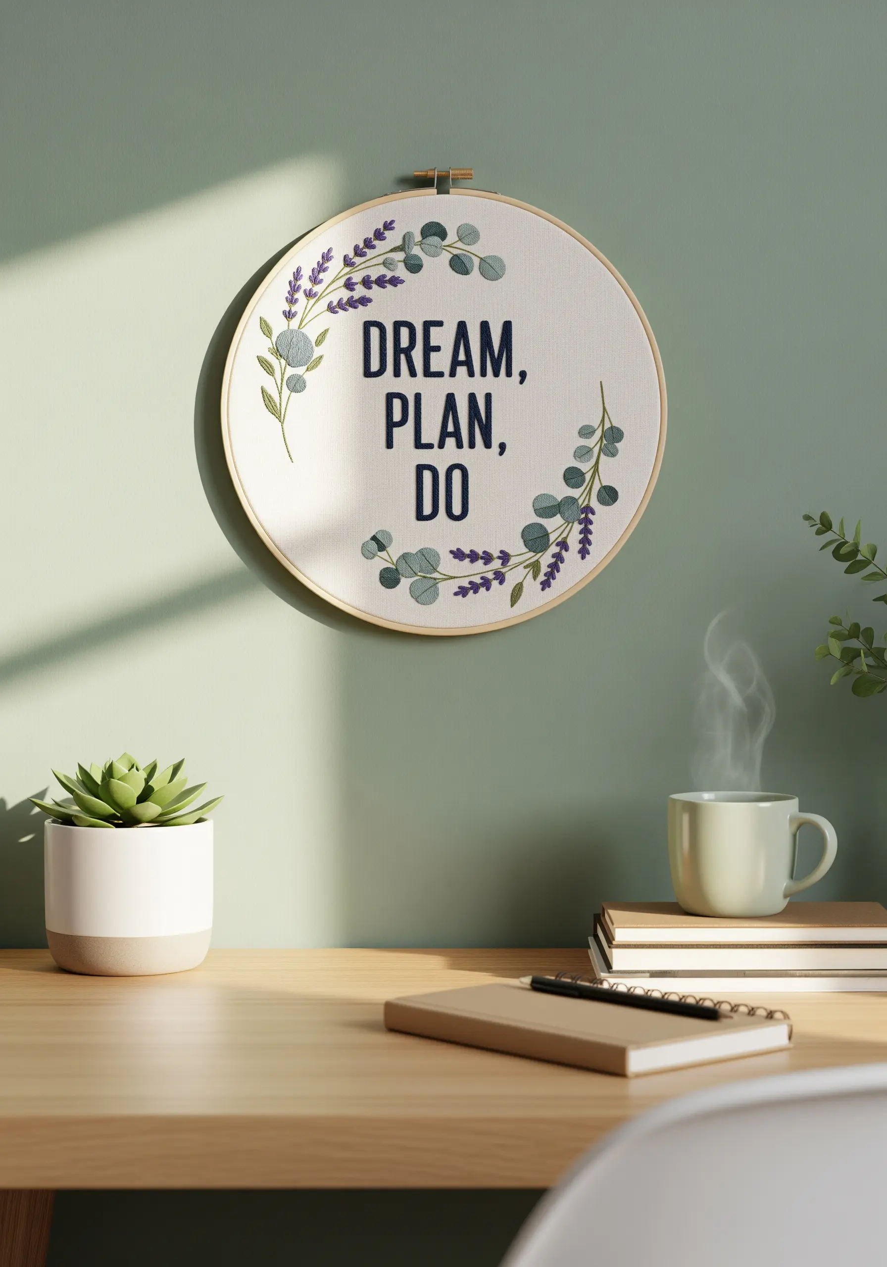 Inspirational quote hoop art with eucalyptus and lavender embroidery.